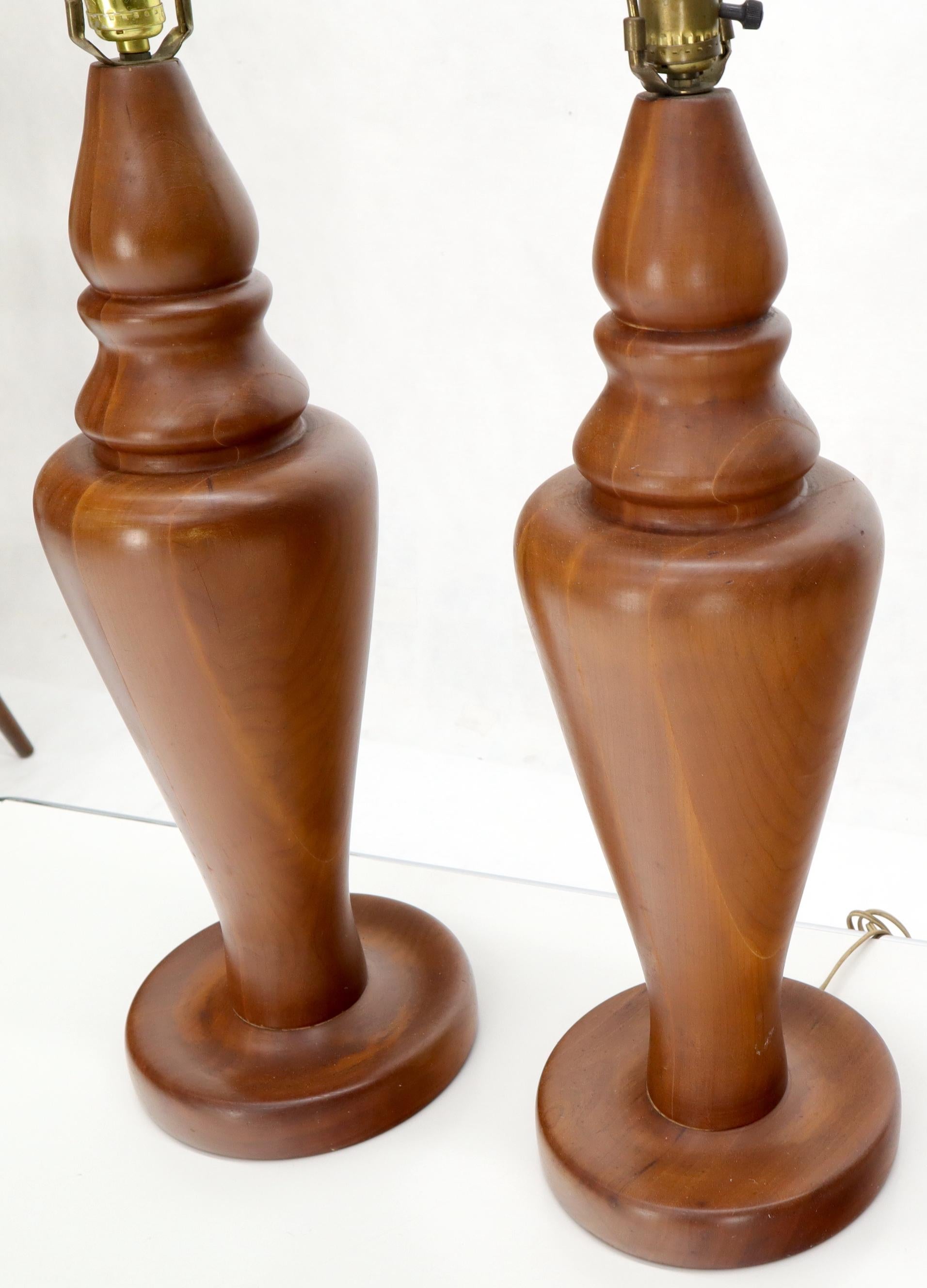 American Pair of Large Oversize Heavy Turned Solid Teak Table Lamps For Sale