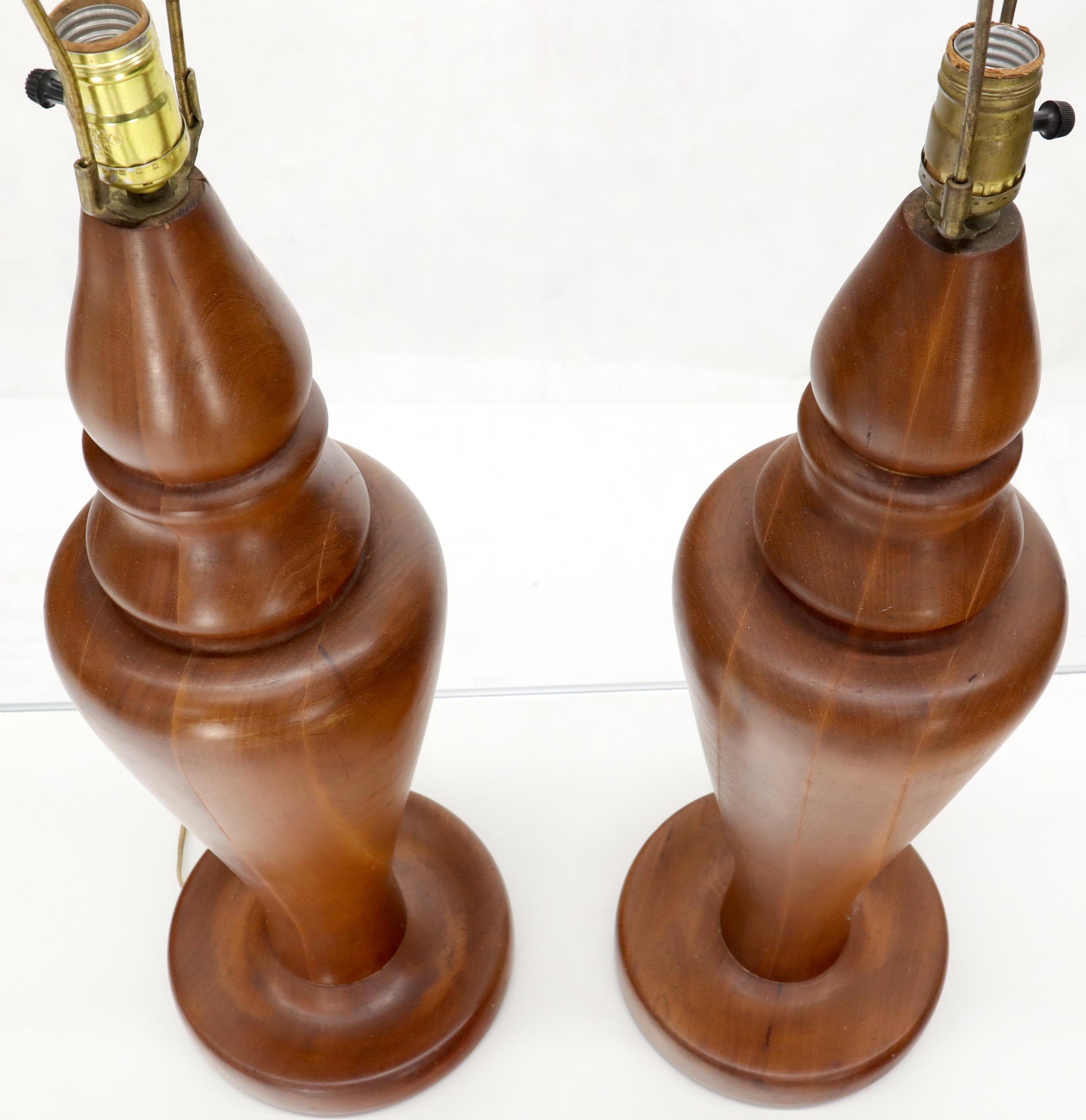 Oiled Pair of Large Oversize Heavy Turned Solid Teak Table Lamps For Sale