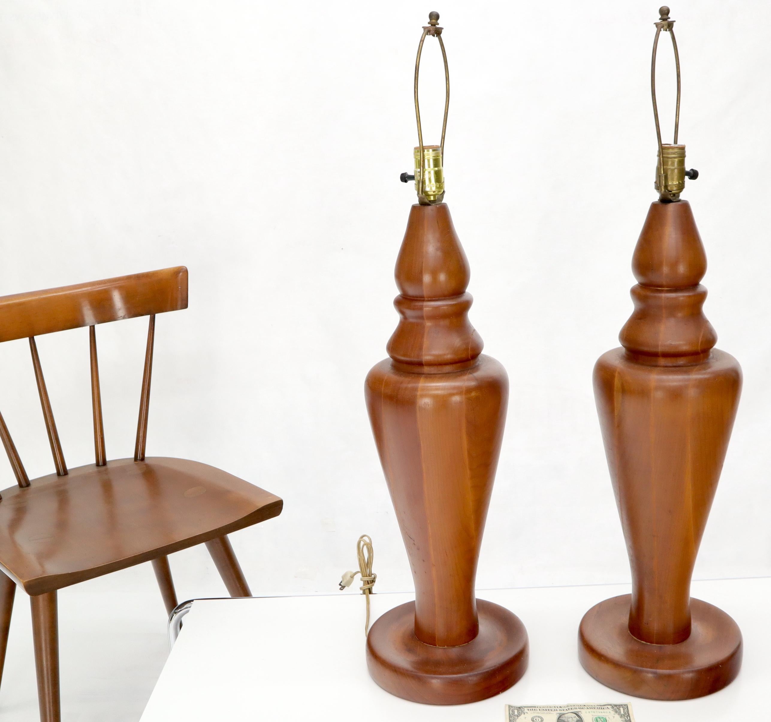 Pair of Large Oversize Heavy Turned Solid Teak Table Lamps For Sale 1