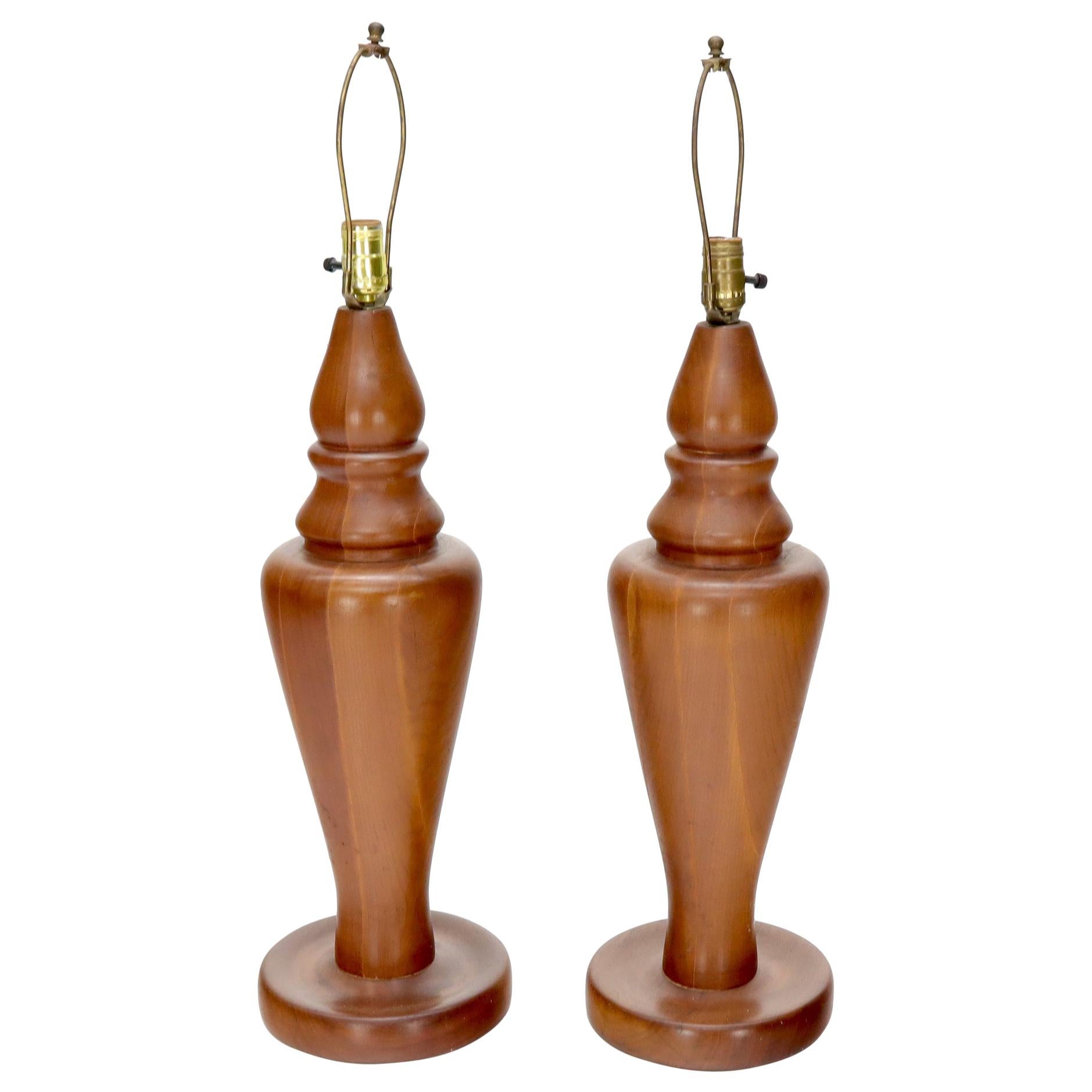 Pair of Large Oversize Heavy Turned Solid Teak Table Lamps For Sale