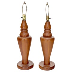 Pair of Large Oversize Heavy Turned Solid Teak Table Lamps