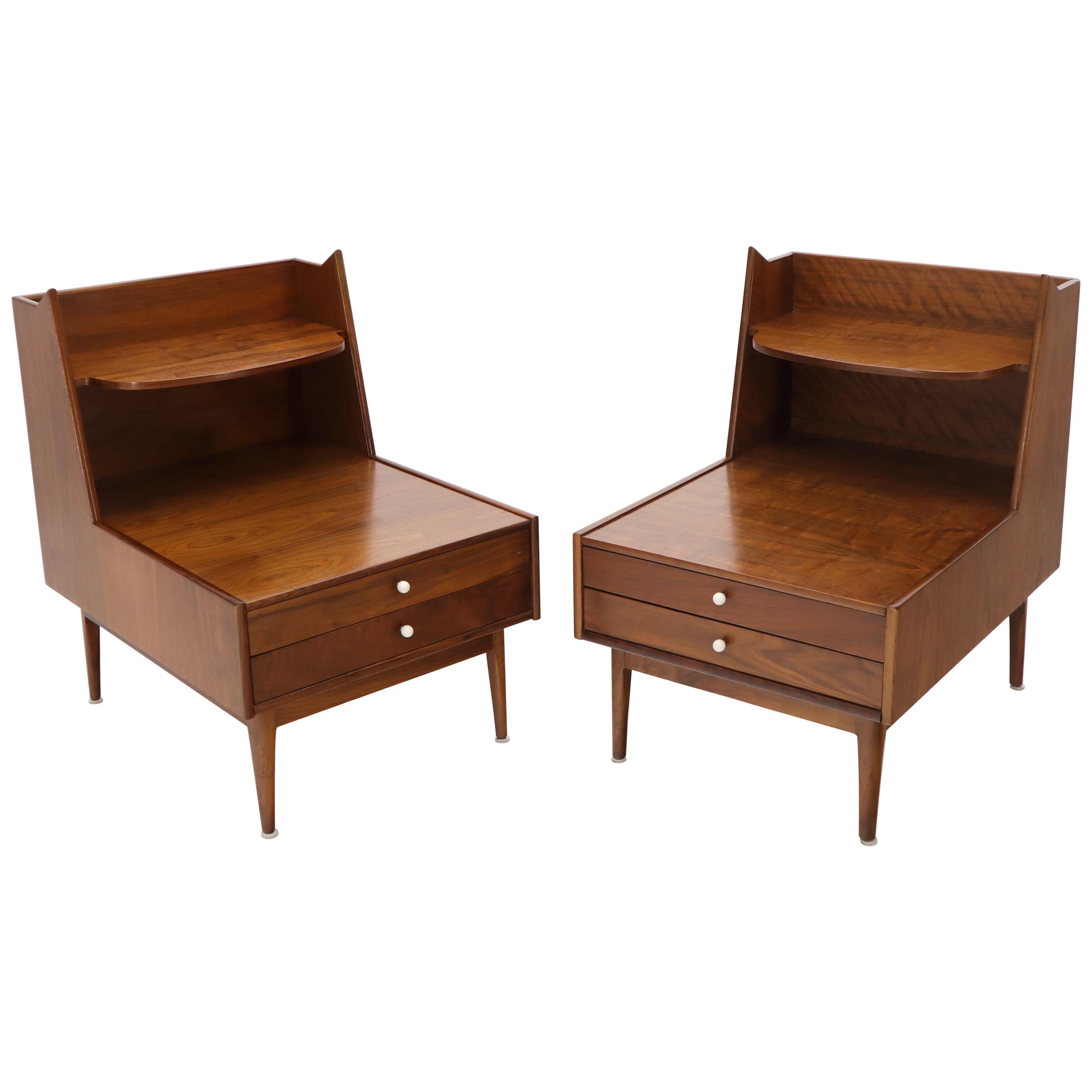 Pair of Large Oversize Two-Drawer Walnut Step End Side Tables by Drexel