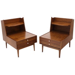 Pair of Large Oversize Two-Drawer Walnut Step End Side Tables by Drexel
