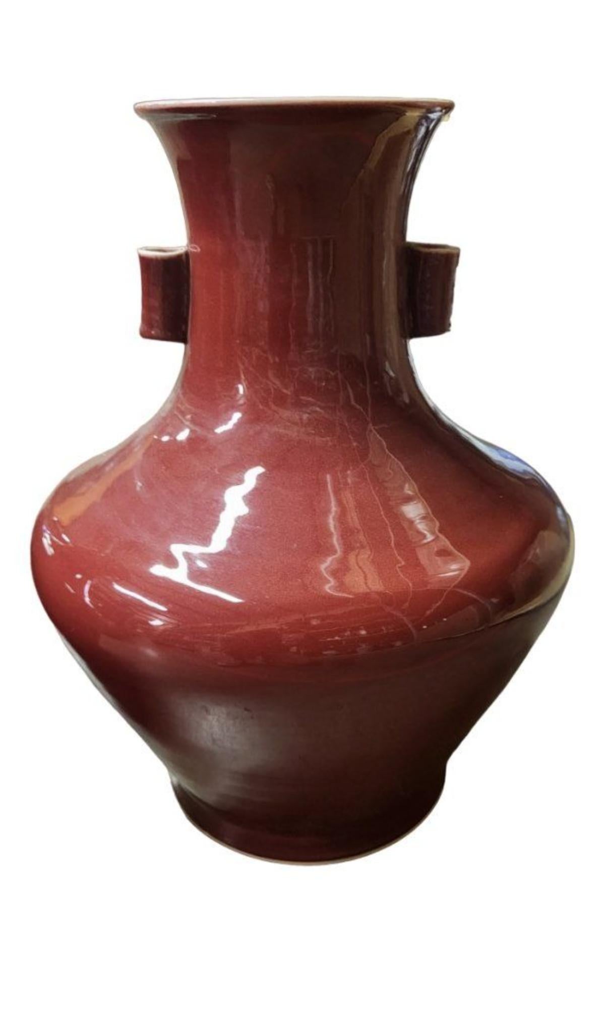 Pair of Large Oxblood Chinese Porcelain Vases with Handles In Good Condition For Sale In Newmanstown, PA