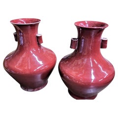 Retro Pair of Large Oxblood Chinese Porcelain Vases with Handles