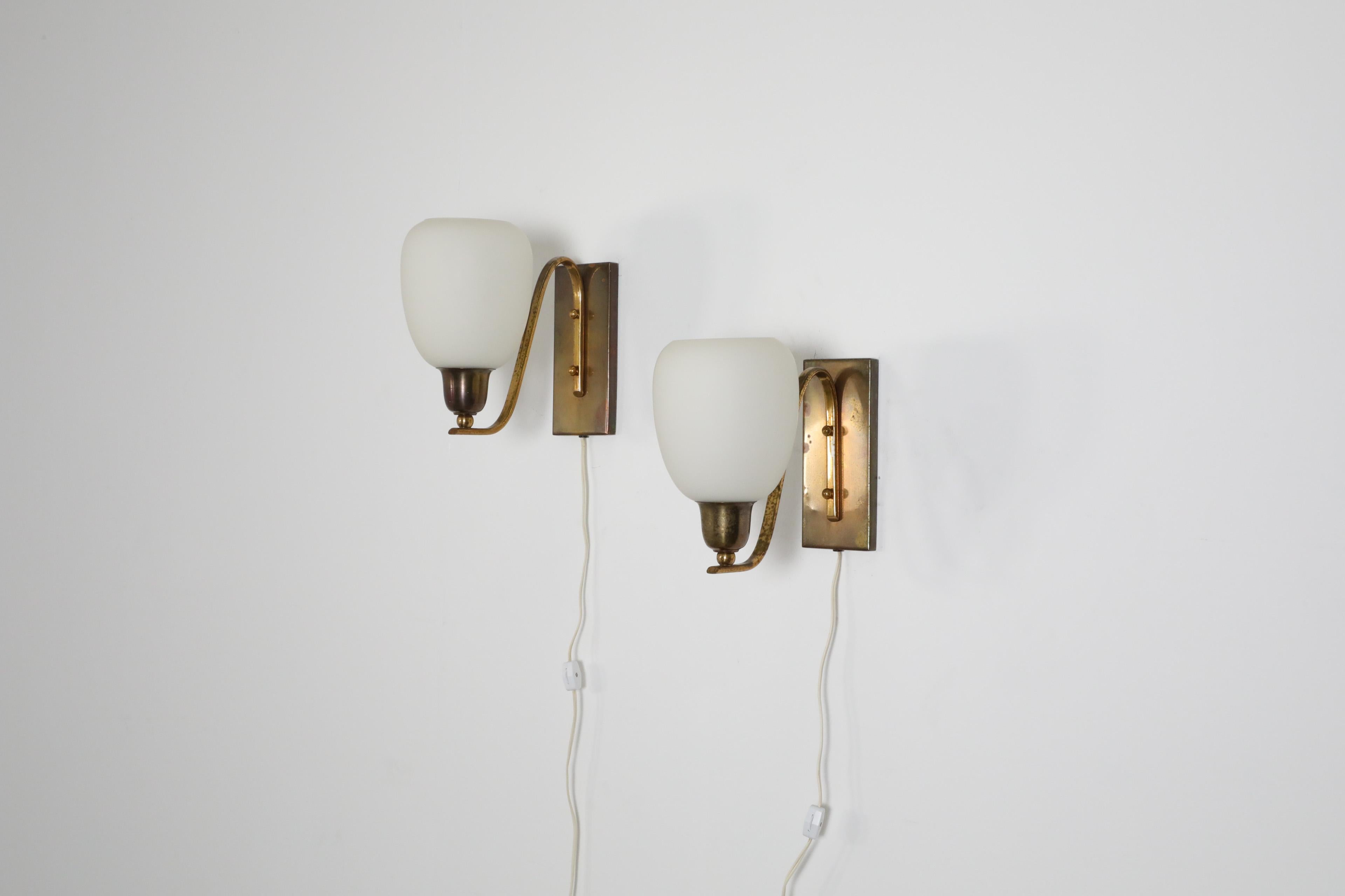 Pair of Large Paavo Tynell Style Art Deco 1950's Brass and Milk Glass Sconces For Sale 6