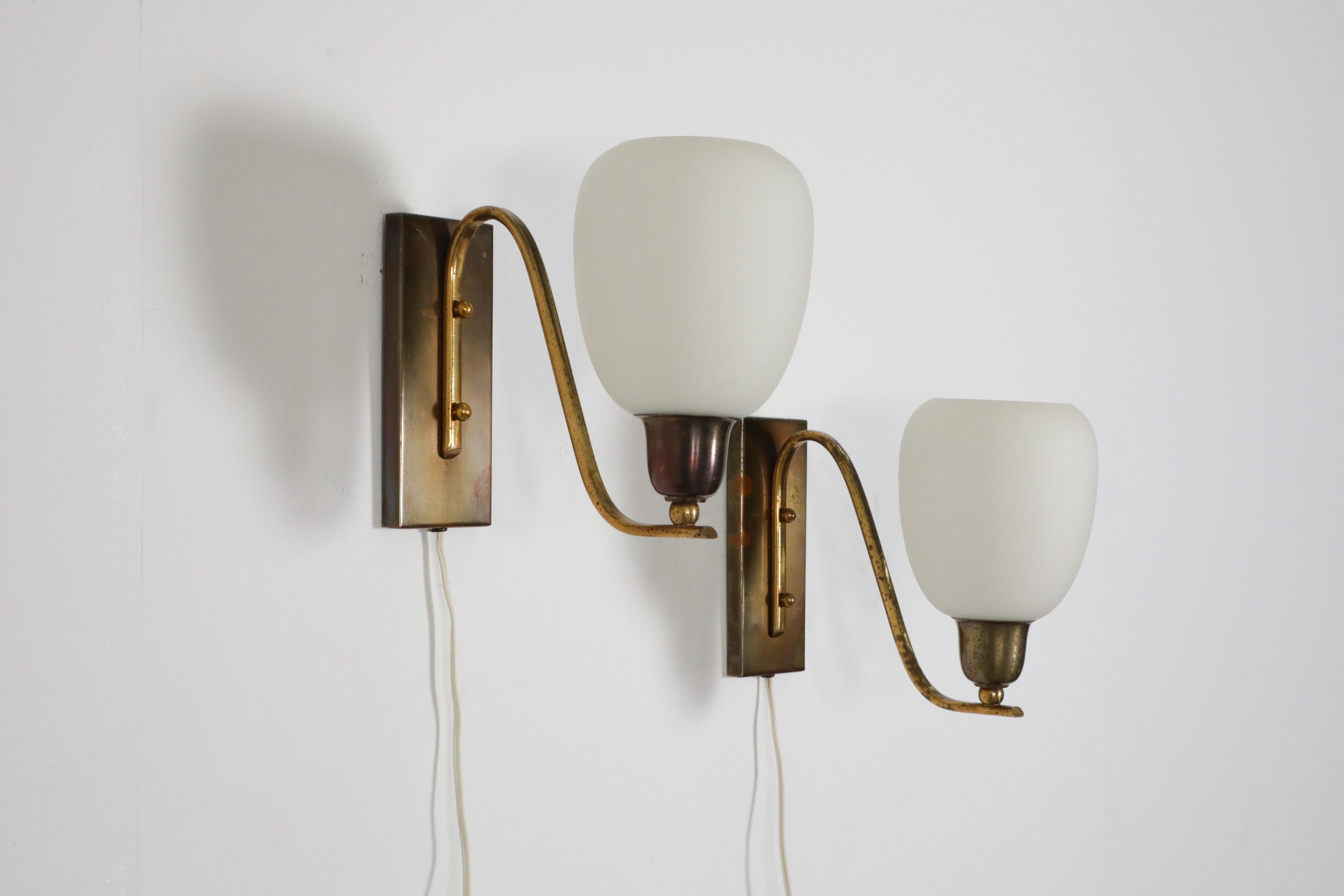 Pair of Large Paavo Tynell Style Art Deco 1950's Brass and Milk Glass Sconces For Sale 7