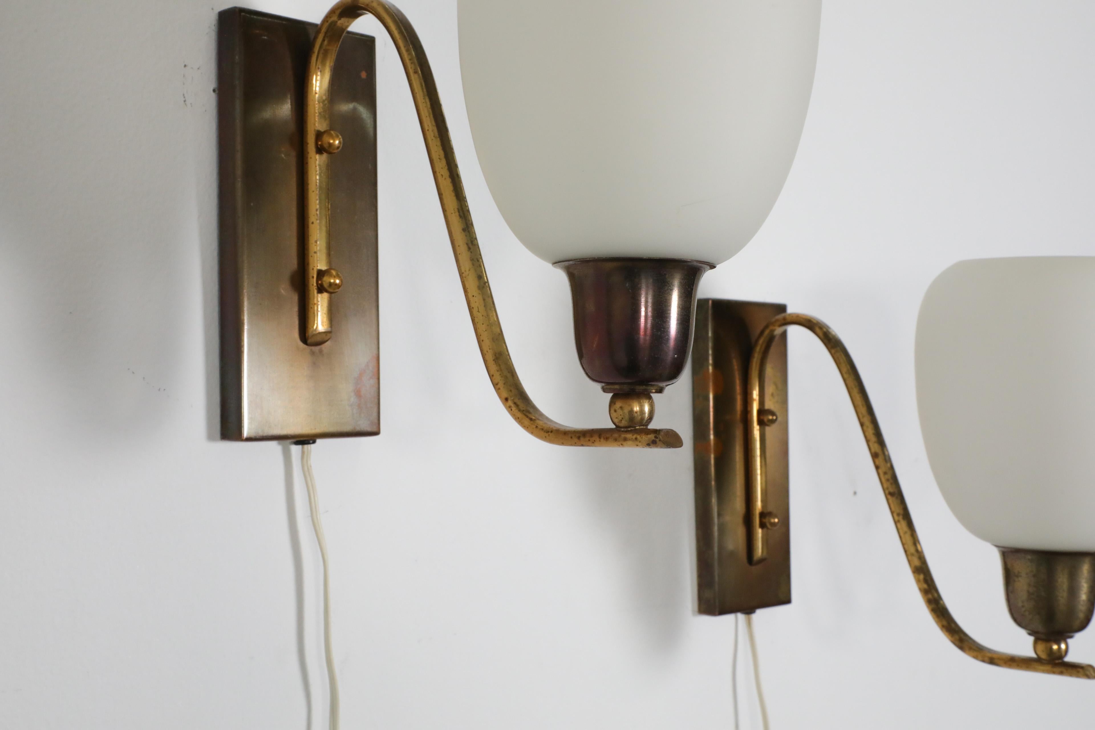 Pair of Large Paavo Tynell Style Art Deco 1950's Brass and Milk Glass Sconces For Sale 9