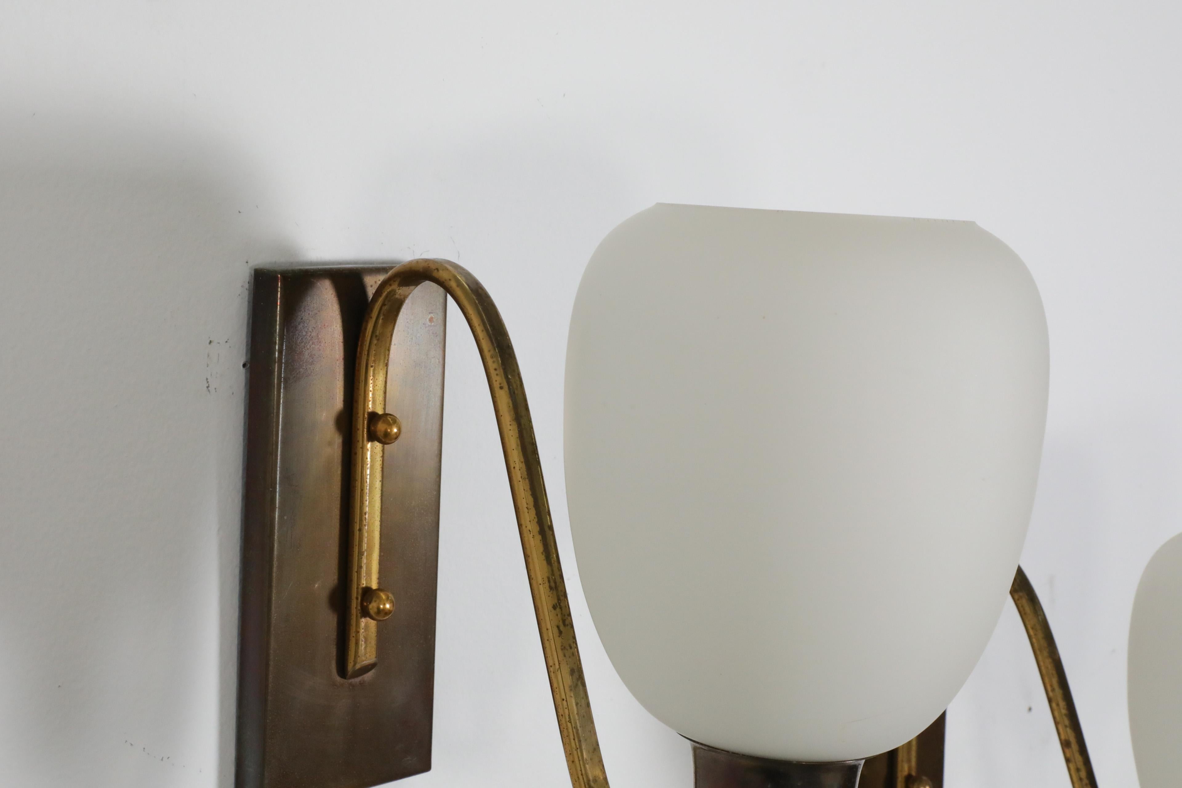 Pair of Large Paavo Tynell Style Art Deco 1950's Brass and Milk Glass Sconces For Sale 10