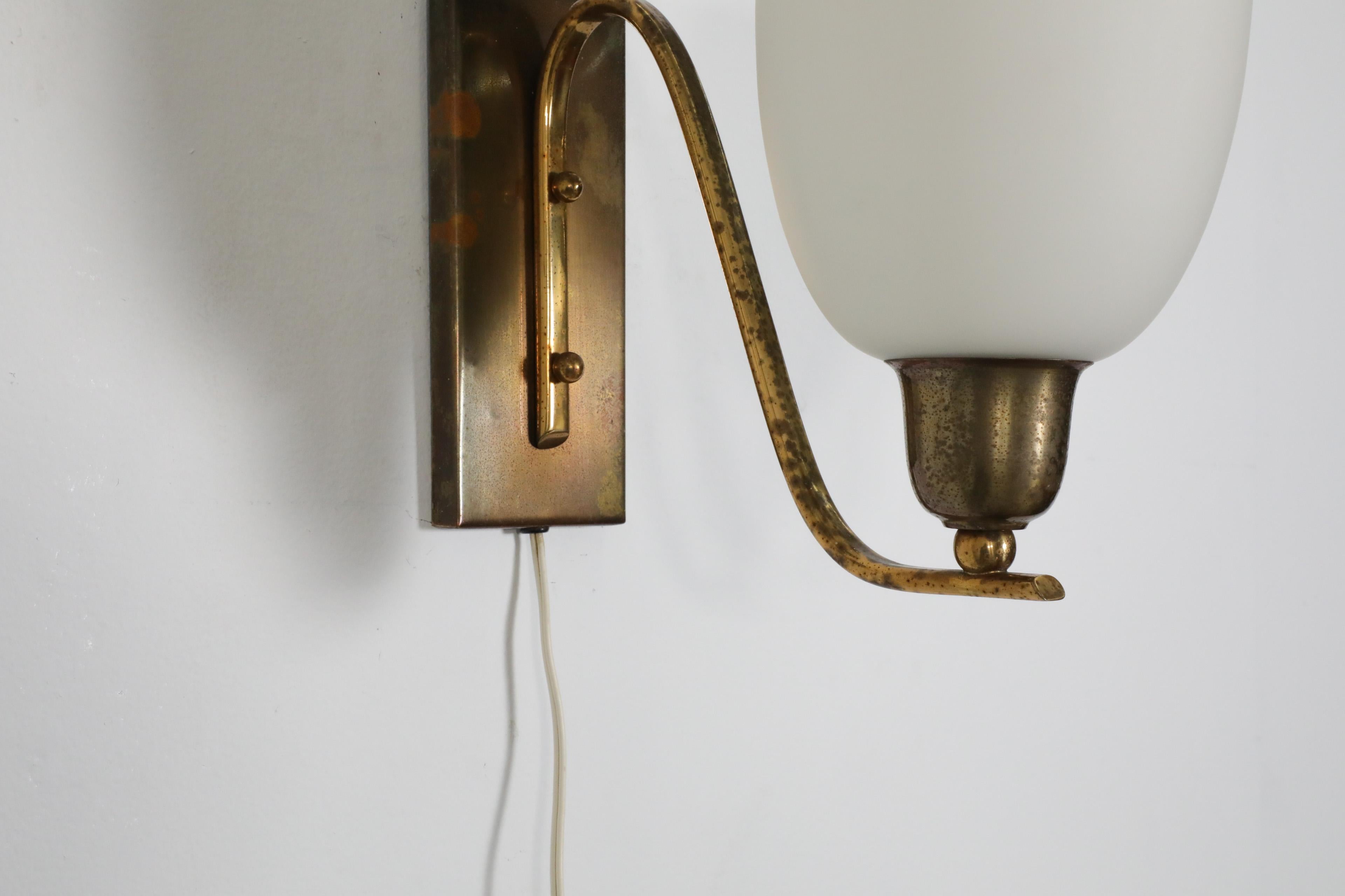 Pair of Large Paavo Tynell Style Art Deco 1950's Brass and Milk Glass Sconces For Sale 11