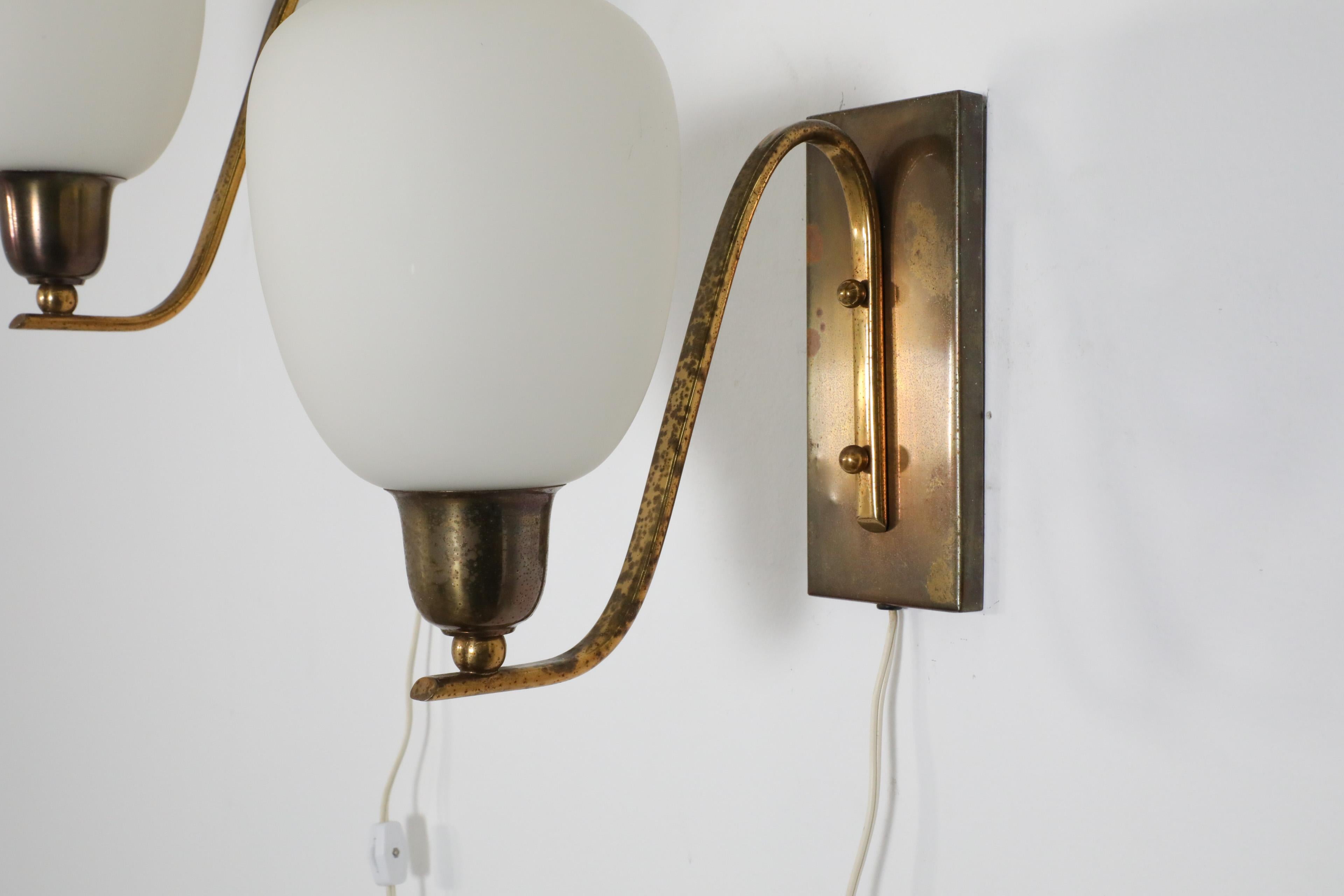 Pair of Large Paavo Tynell Style Art Deco 1950's Brass and Milk Glass Sconces For Sale 12