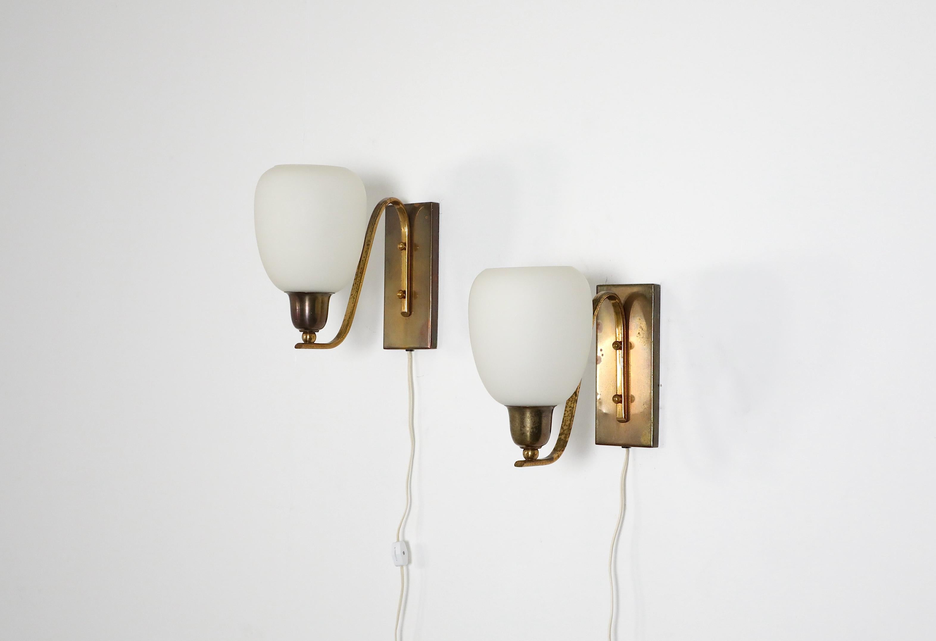 Pair of Large Paavo Tynell Style Art Deco 1950's Brass and Milk Glass Sconces For Sale 13