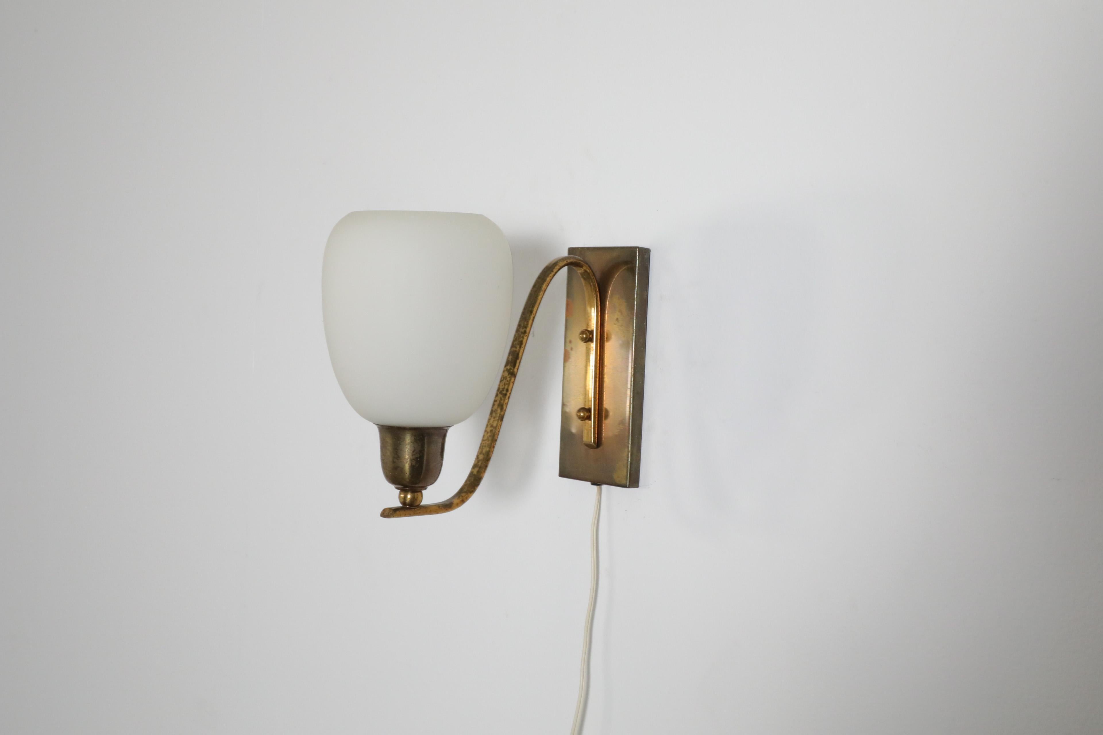 Mid-Century Modern Pair of Large Paavo Tynell Style Art Deco 1950's Brass and Milk Glass Sconces For Sale