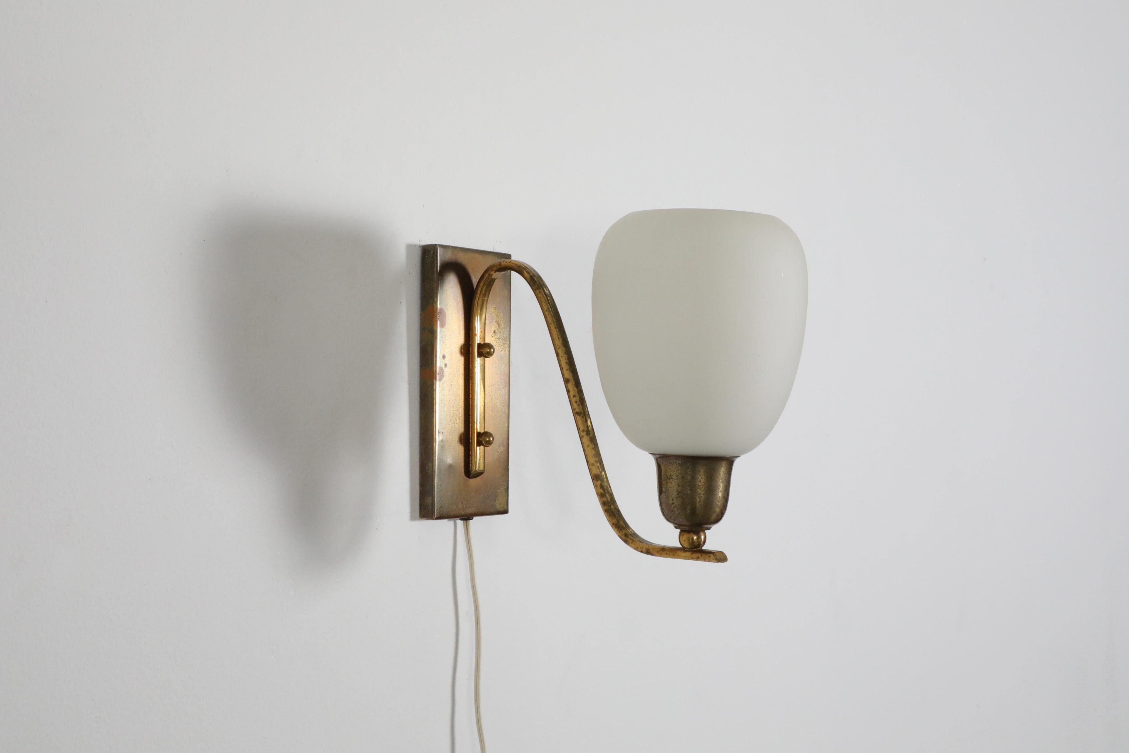 Dutch Pair of Large Paavo Tynell Style Art Deco 1950's Brass and Milk Glass Sconces For Sale
