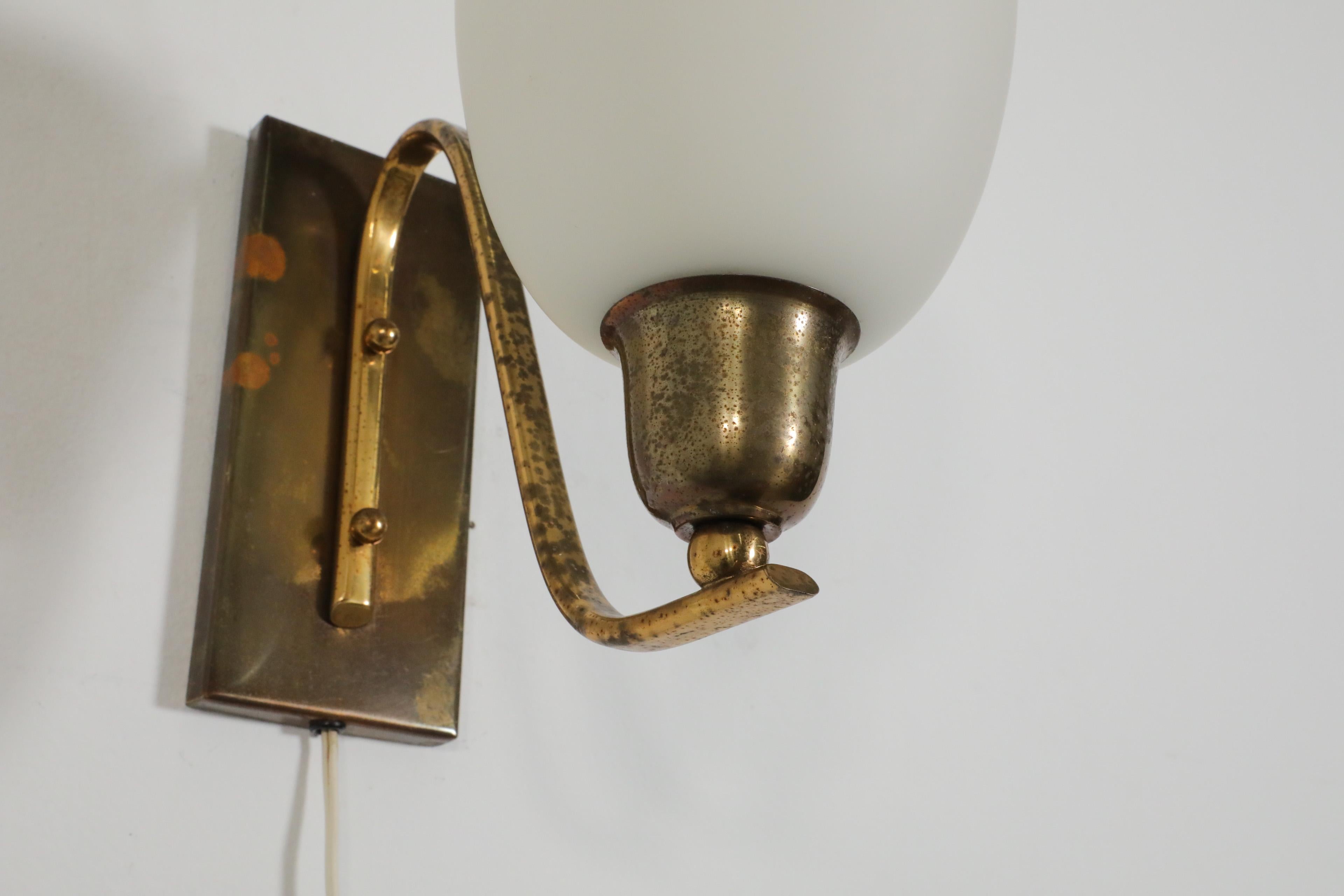 Mid-20th Century Pair of Large Paavo Tynell Style Art Deco 1950's Brass and Milk Glass Sconces For Sale