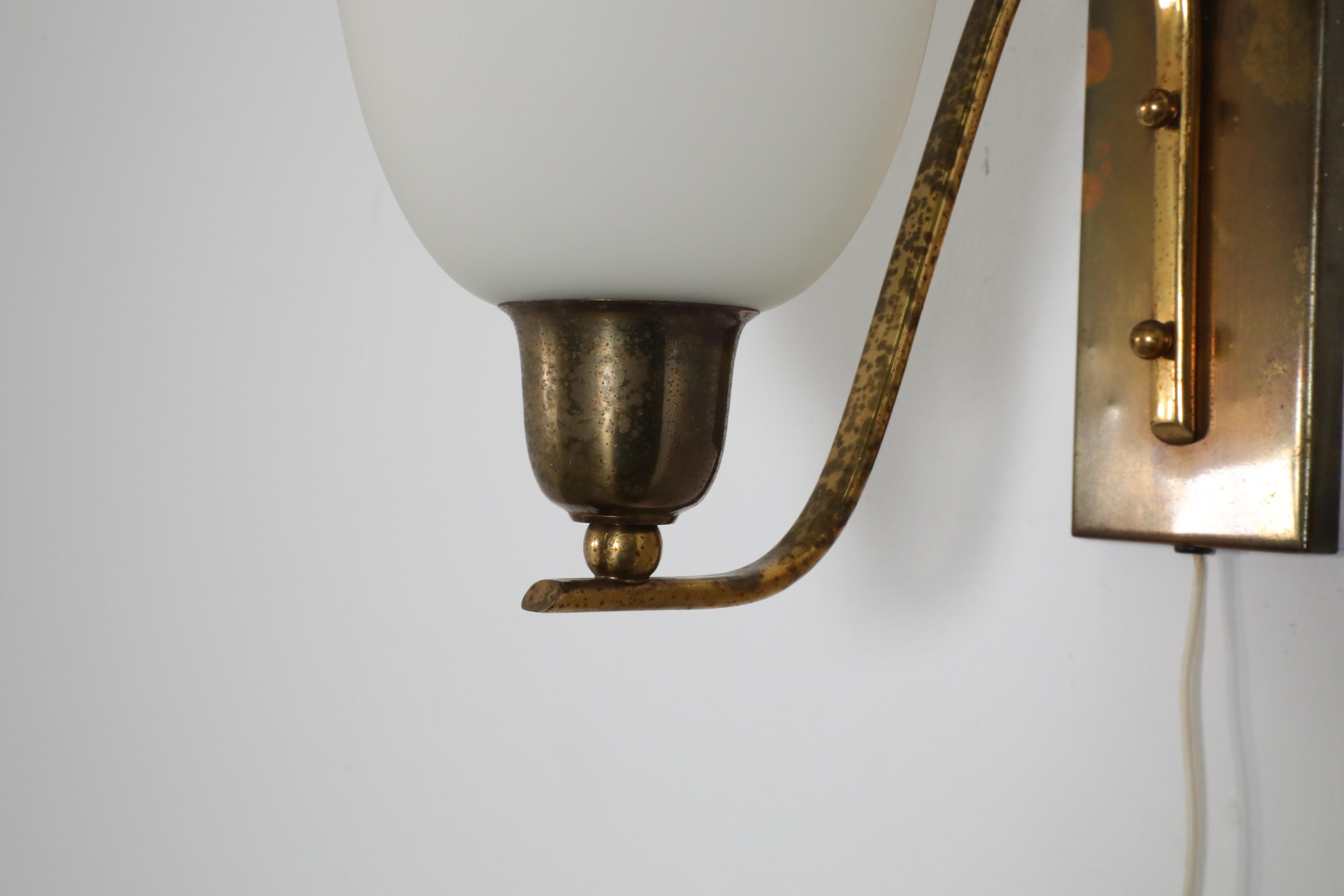 Pair of Large Paavo Tynell Style Art Deco 1950's Brass and Milk Glass Sconces For Sale 2