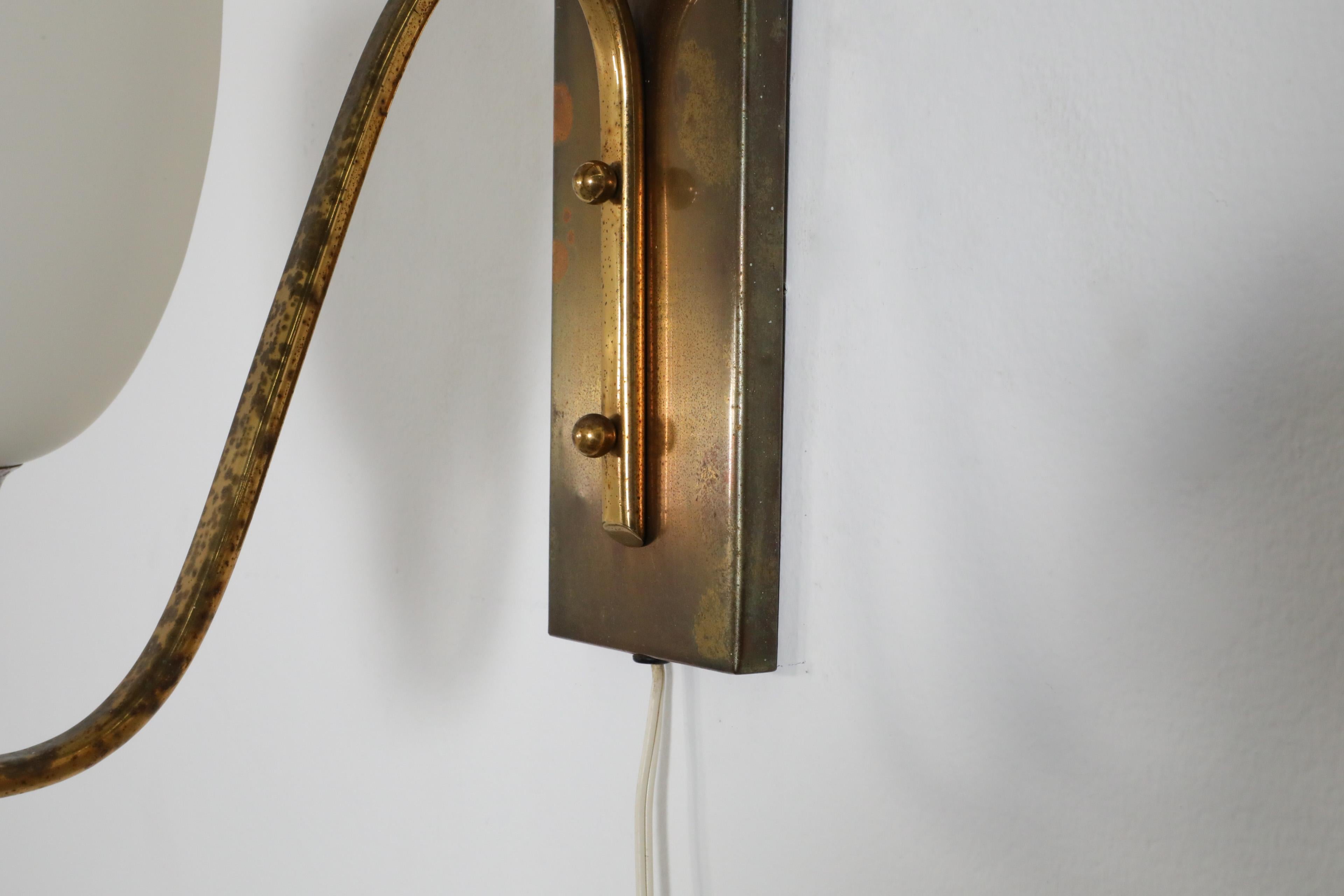 Pair of Large Paavo Tynell Style Art Deco 1950's Brass and Milk Glass Sconces For Sale 3