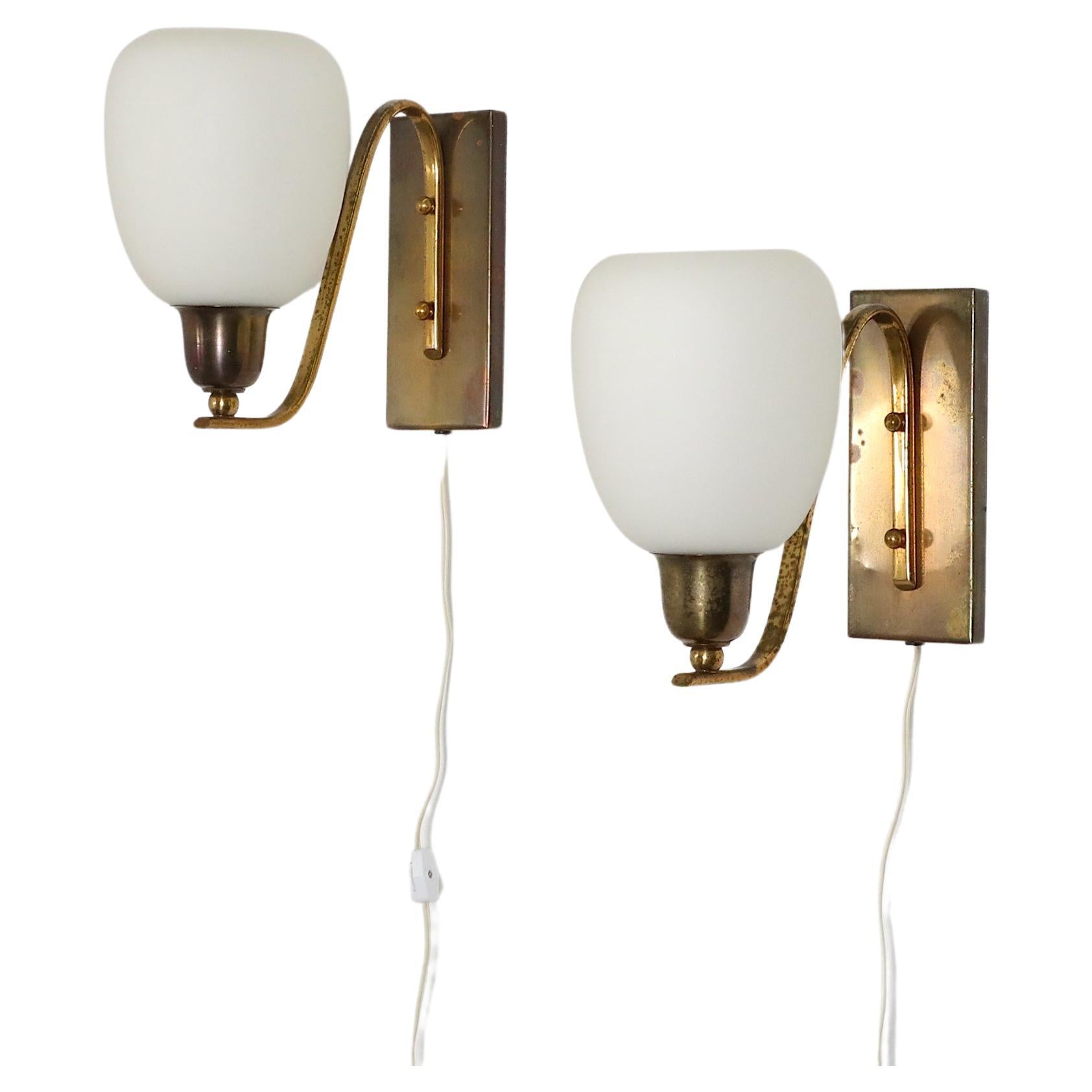 Pair of Large Paavo Tynell Style Art Deco 1950's Brass and Milk Glass Sconces For Sale