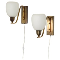 Pair of Large Paavo Tynell Style Art Deco 1950's Brass and Milk Glass Sconces