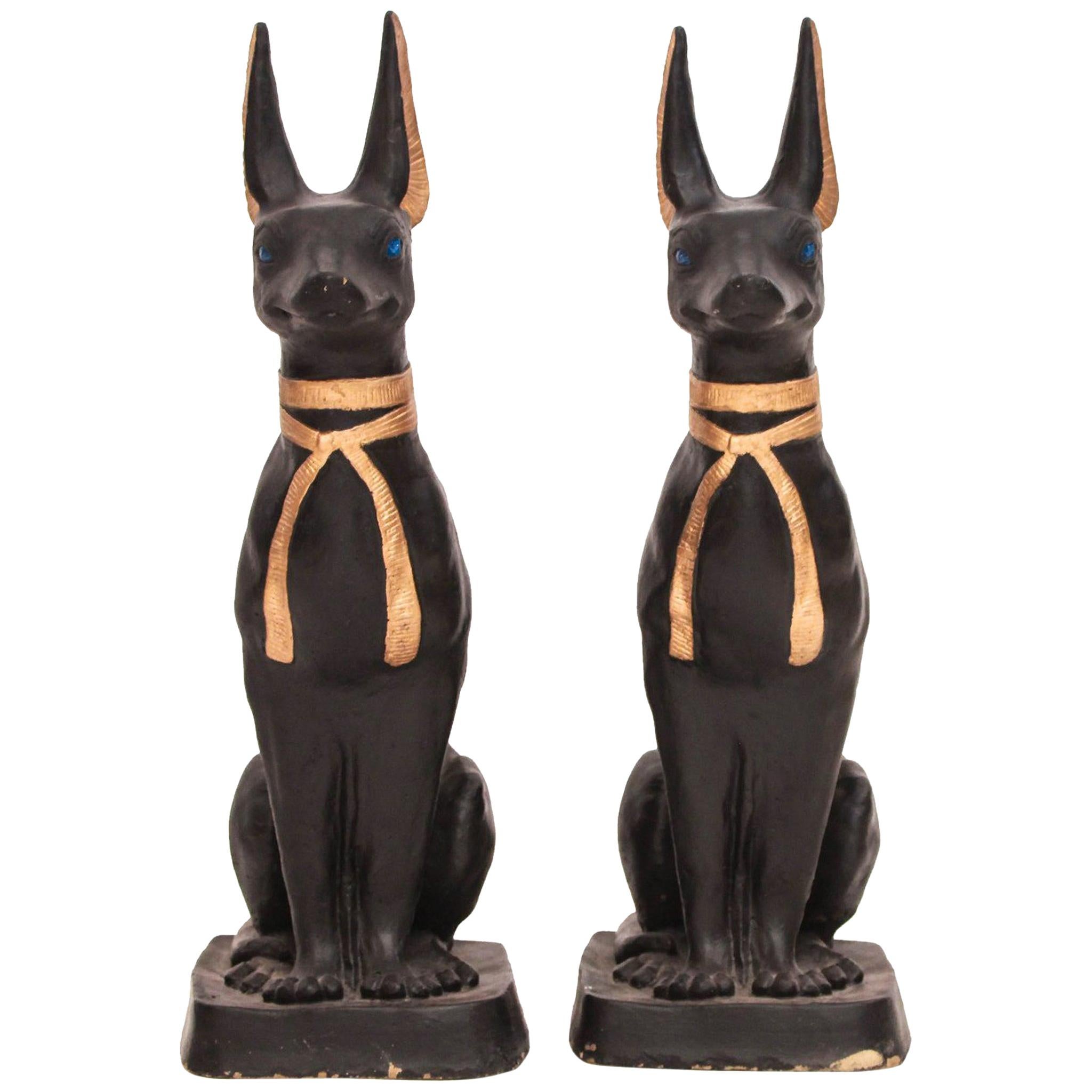 Pair of Large Painted Anubis Guardian Dogs