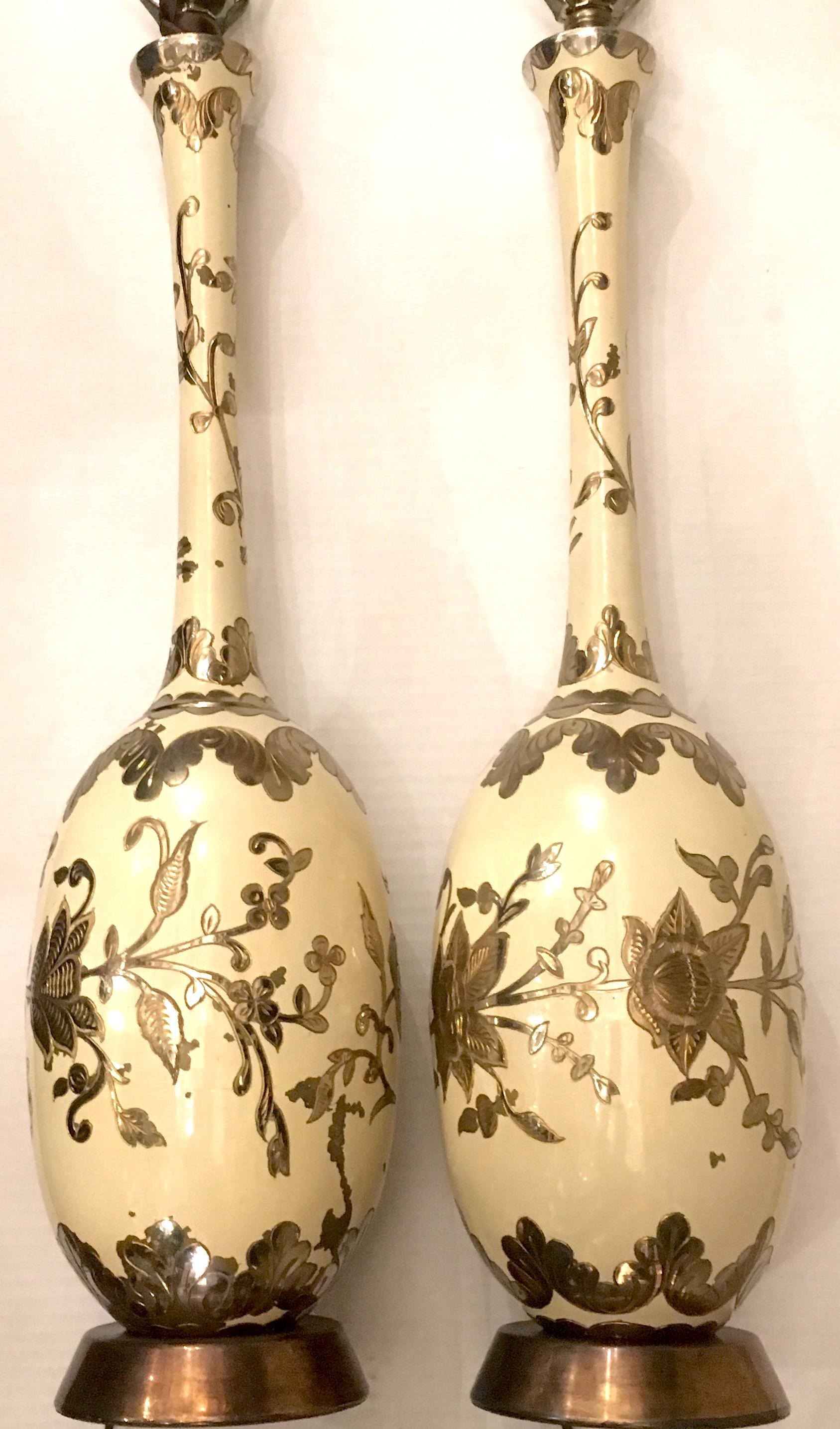 Mid-20th Century Pair of Large Painted Brass Table Lamps