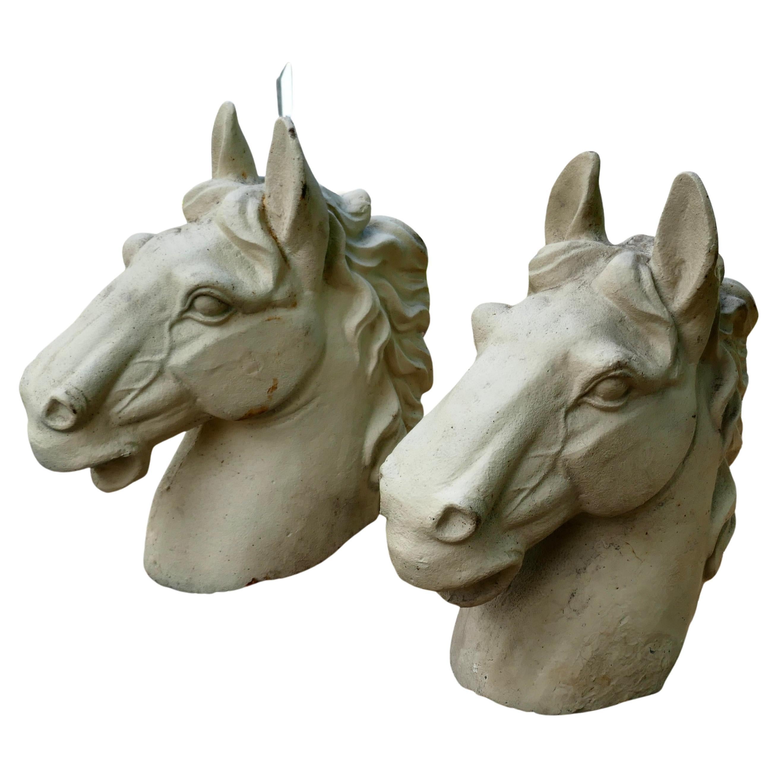 Pair of Large Painted Cast Iron Horse Heads, Gate Post Finials For Sale