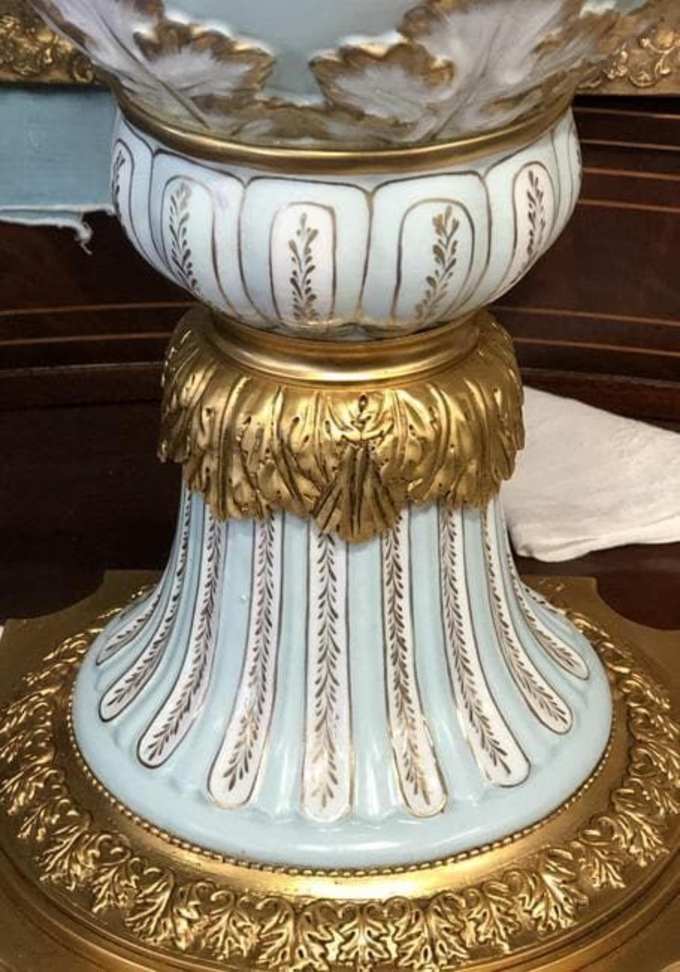 Pair Of Large Painted European Porcelain Urns with Gold Handles For Sale 2