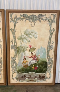 Pair of Large Painted French Pastoral Panels on Wood Stretchers