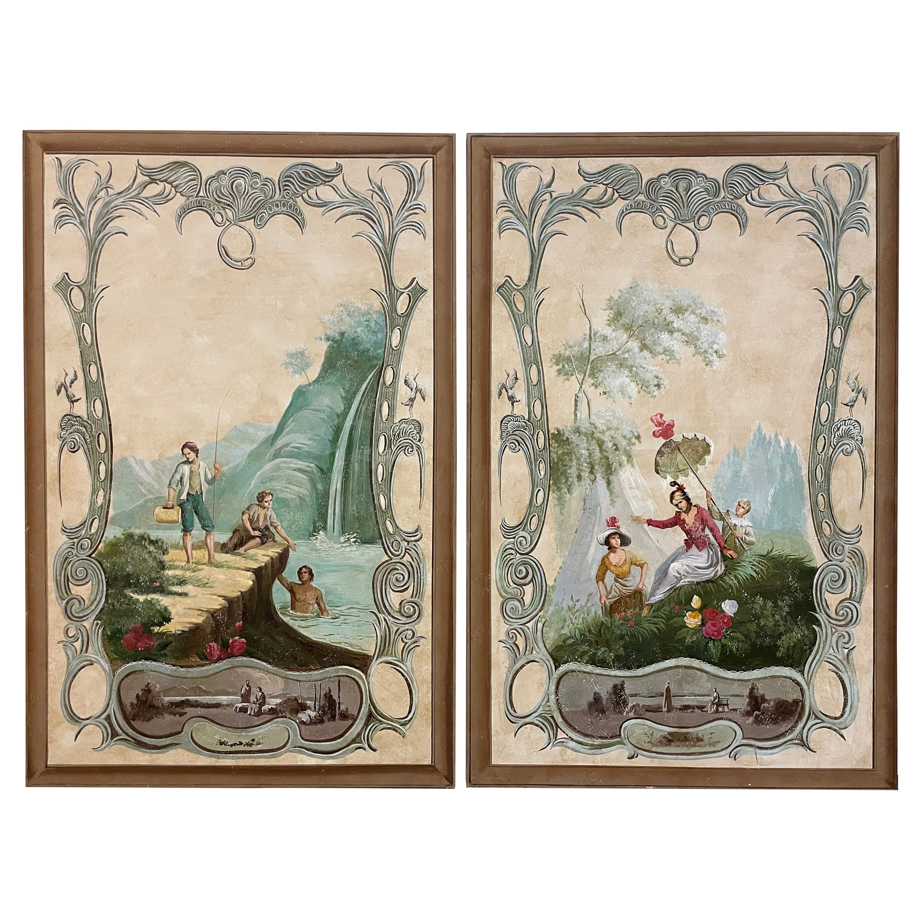 Paire de grands panneaux de toile pastorale française peints