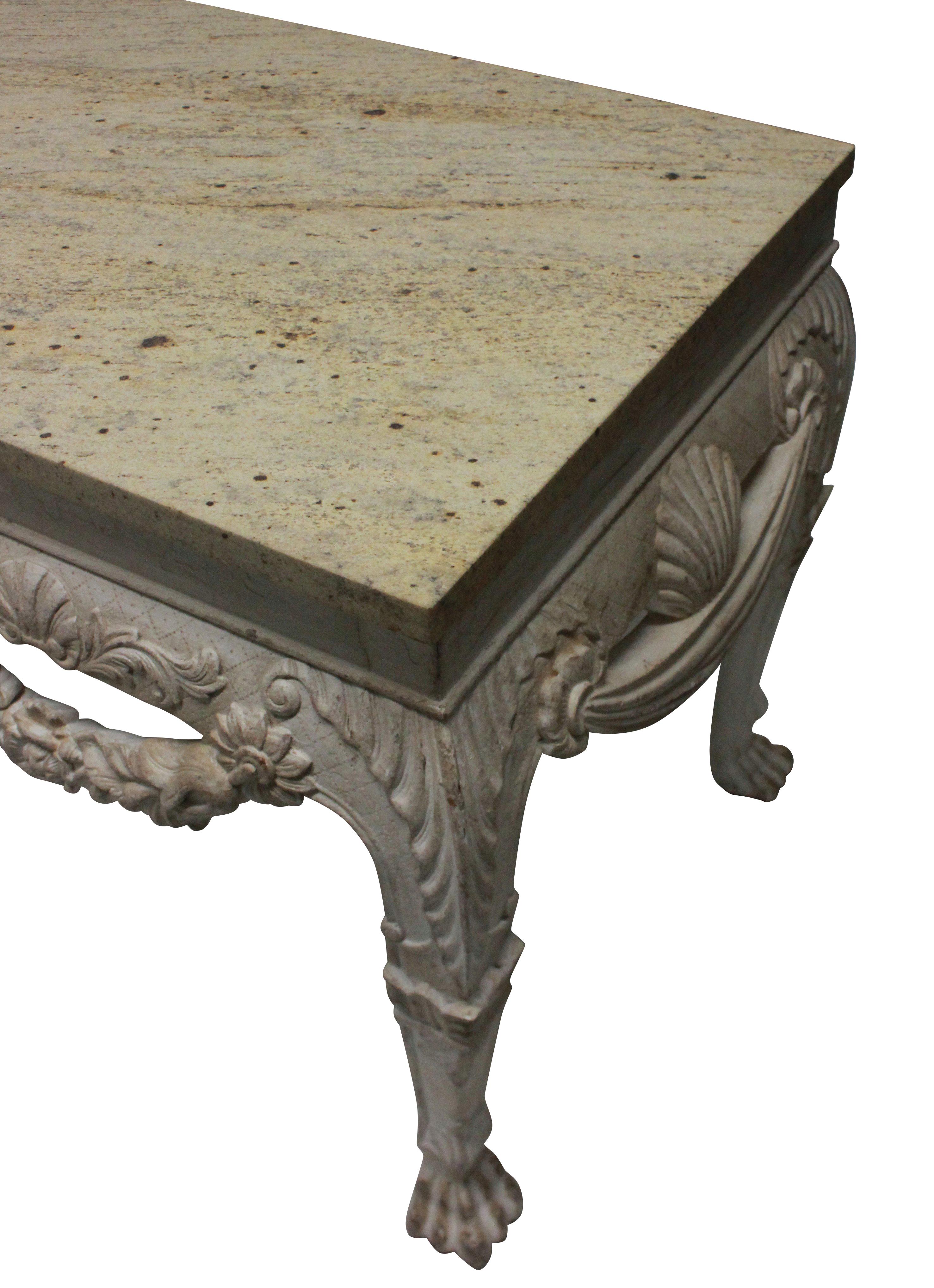 English Pair of Large Painted Mahogany and Marble-Top Console Tables
