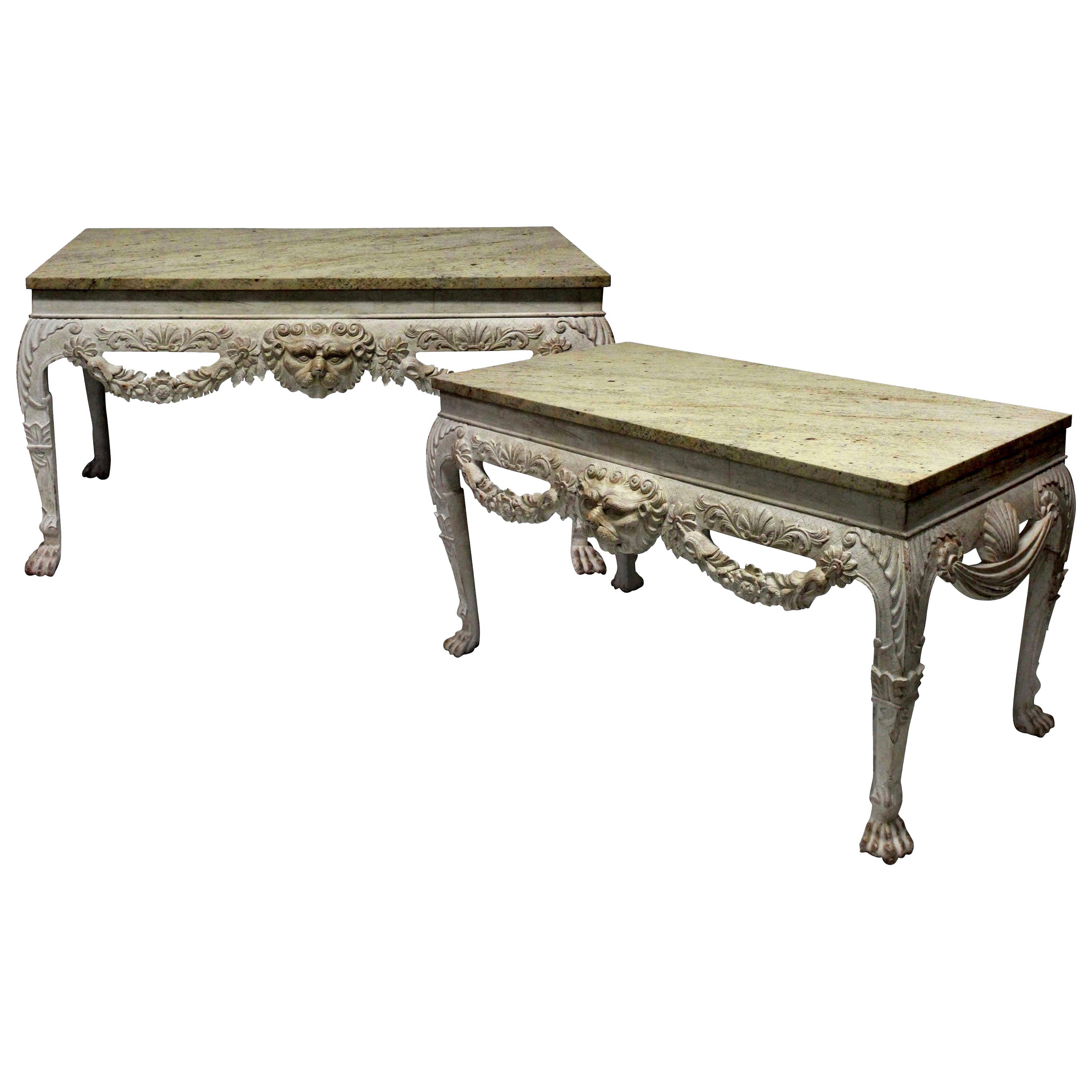 Pair of Large Painted Mahogany and Marble-Top Console Tables