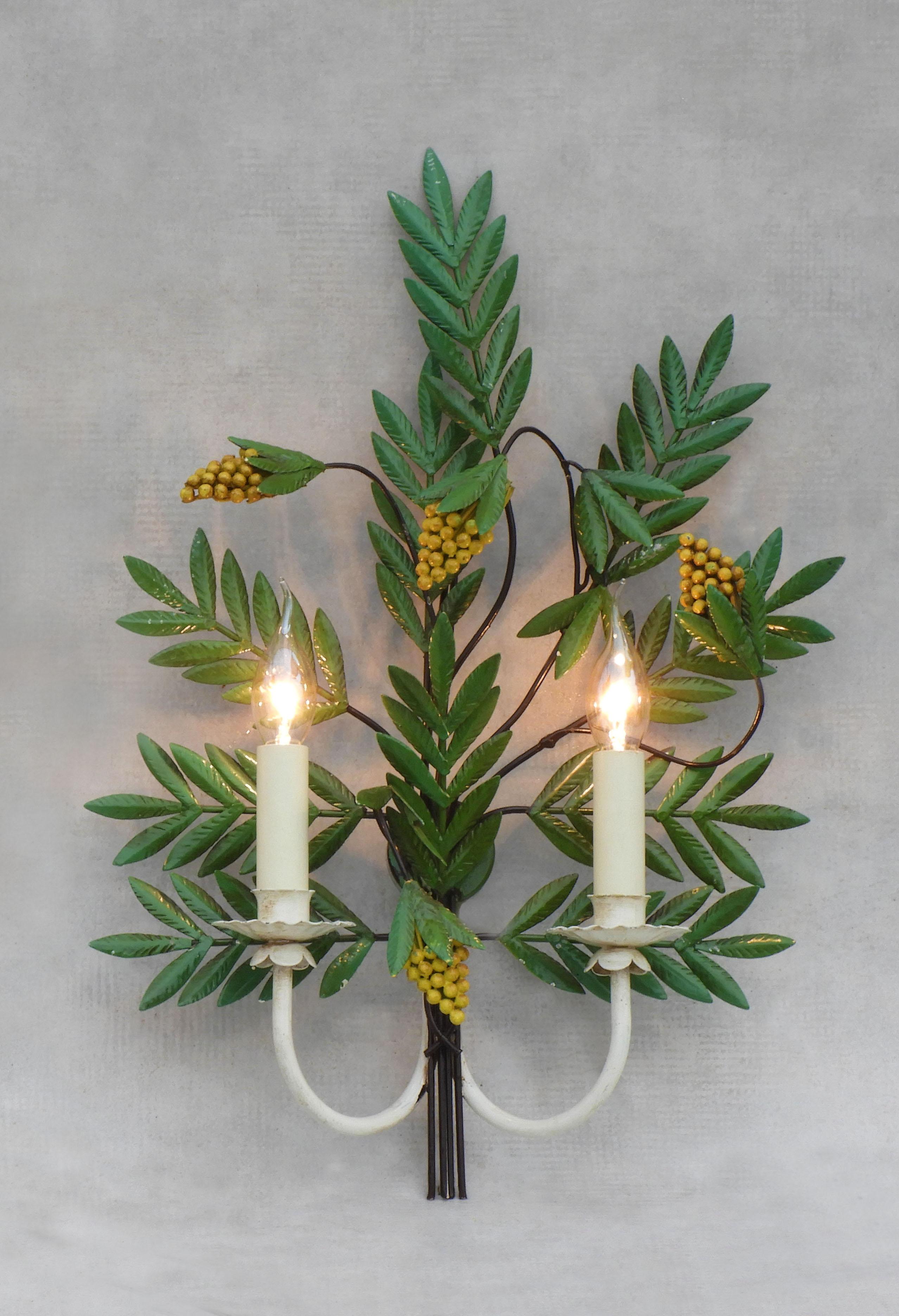 French Pair of Large painted Tole Botanical Themed Wall Light Sconces C1960 France For Sale