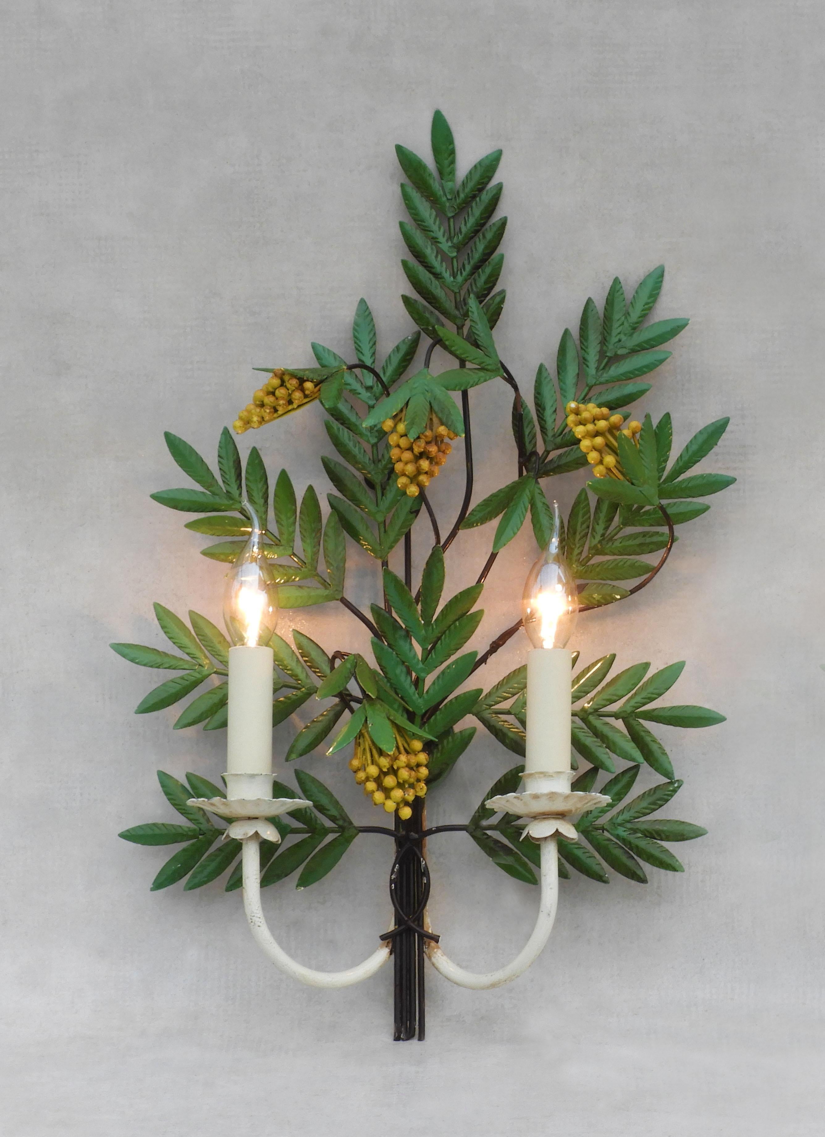 Hand-Painted Pair of Large painted Tole Botanical Themed Wall Light Sconces C1960 France For Sale