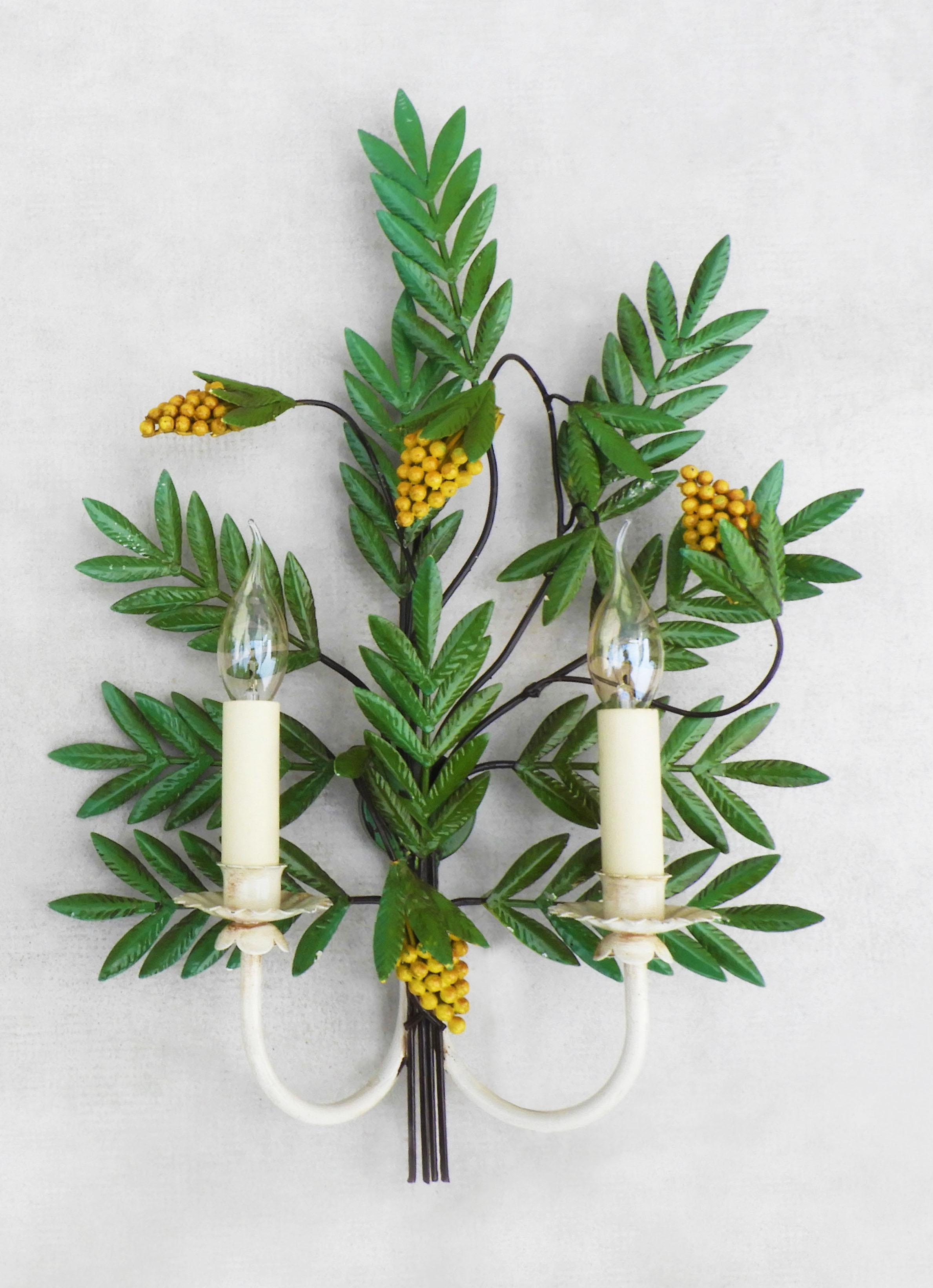 Metal Pair of Large painted Tole Botanical Themed Wall Light Sconces C1960 France For Sale