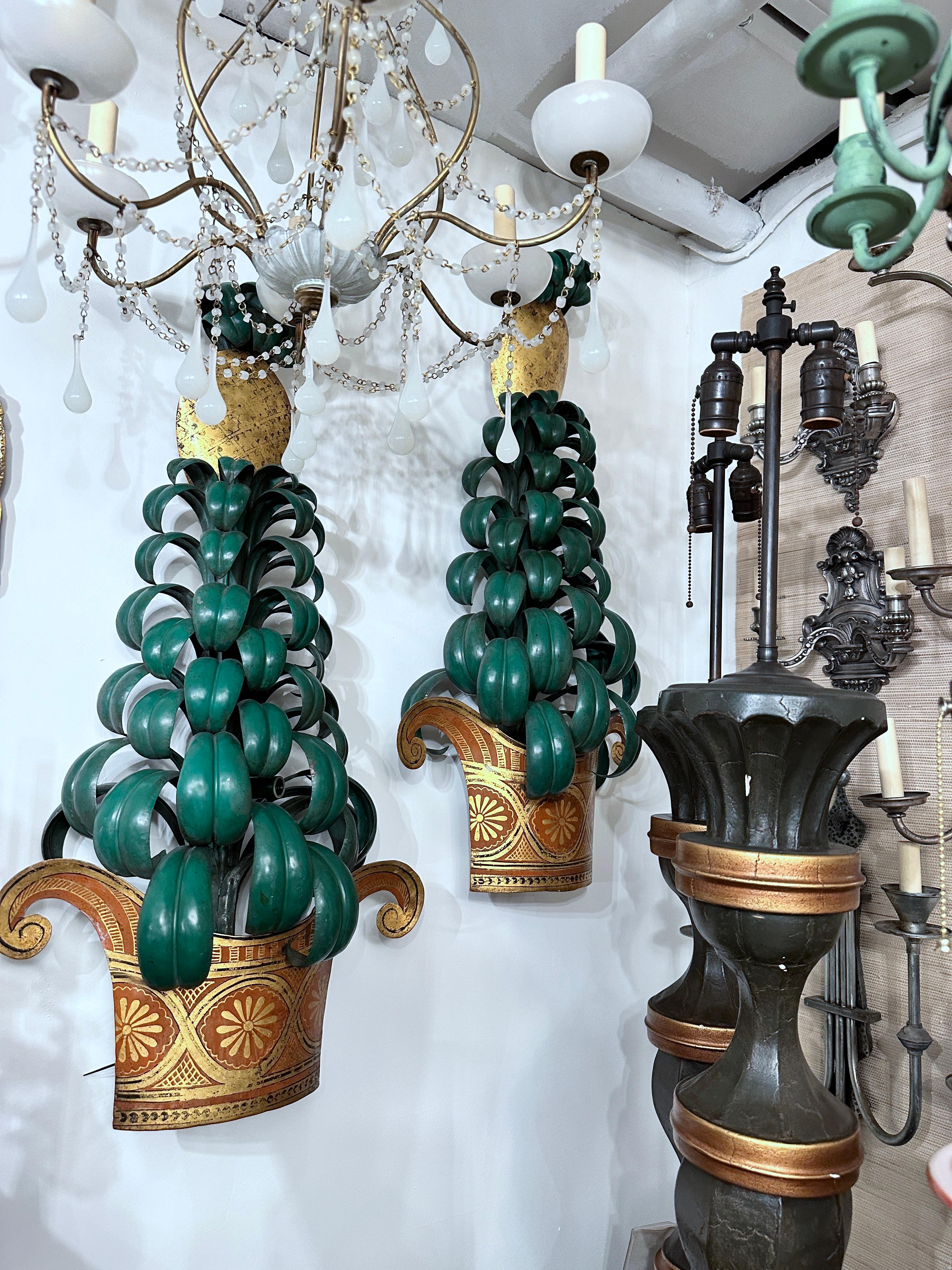 Mid-20th Century Pair of Large Painted Tole Sconces For Sale