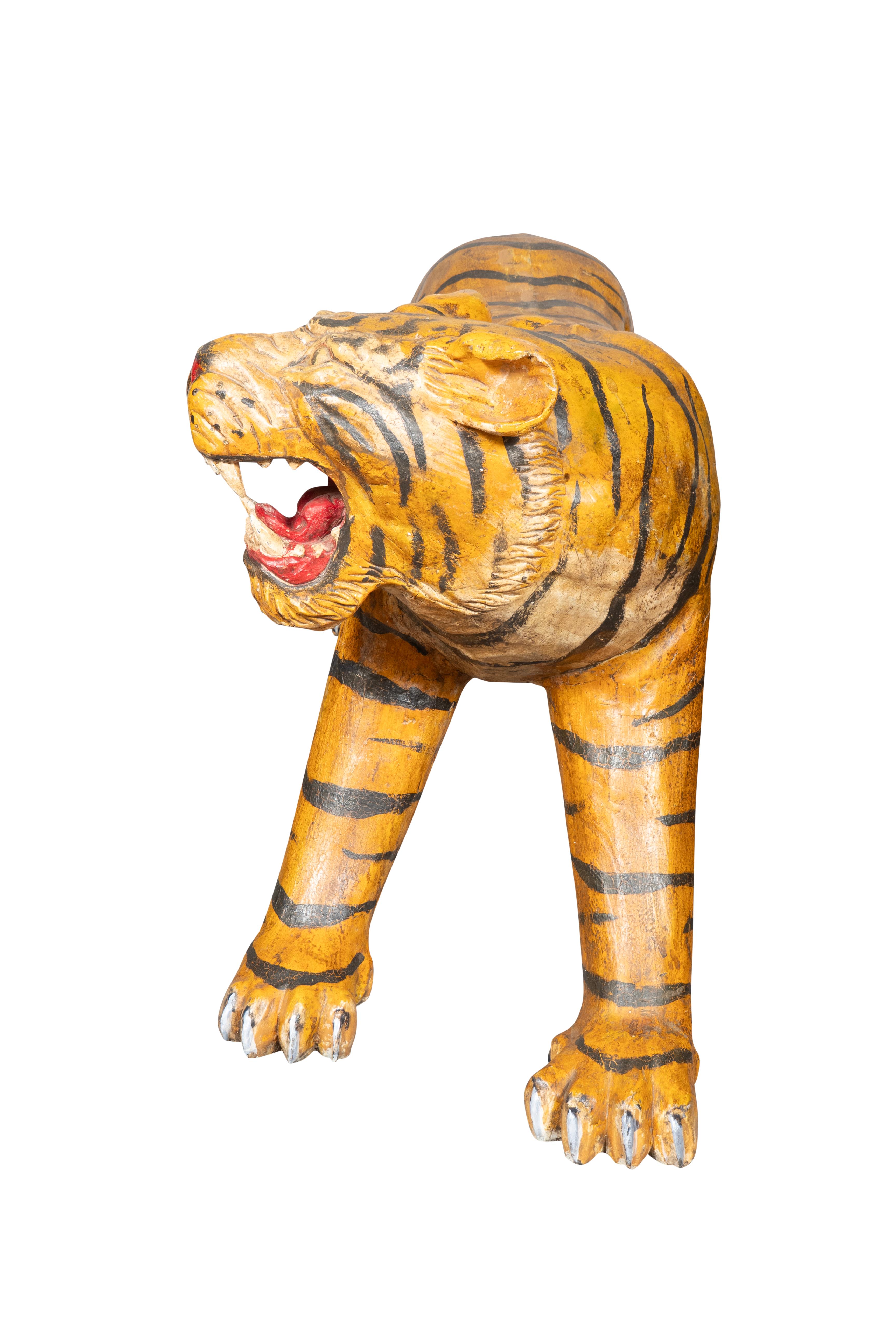 Pair Of Large Painted Wood Figures Of Tigers, Possibly From A Circus For Sale 11