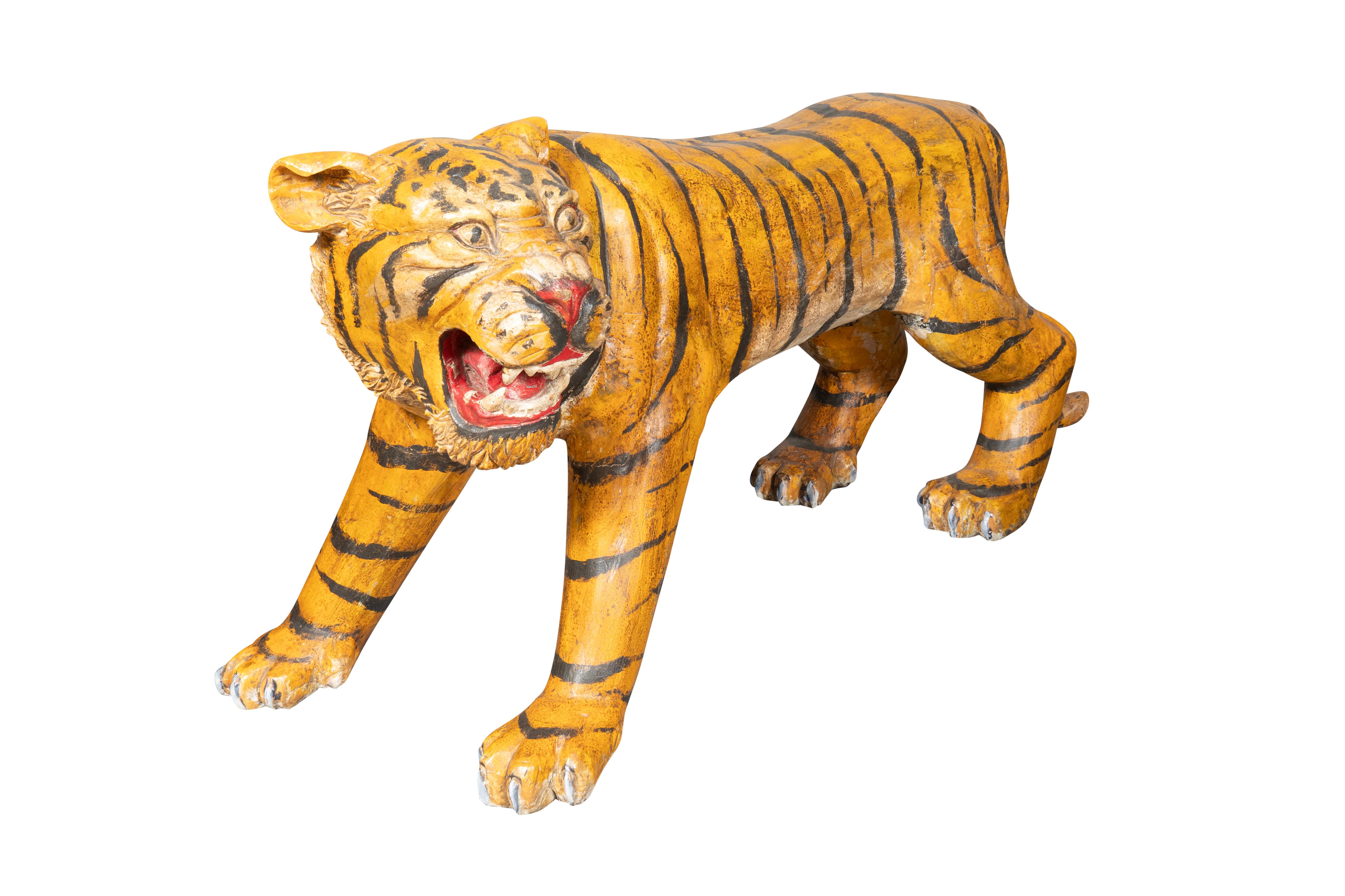 Pair Of Large Painted Wood Figures Of Tigers, Possibly From A Circus For Sale 13