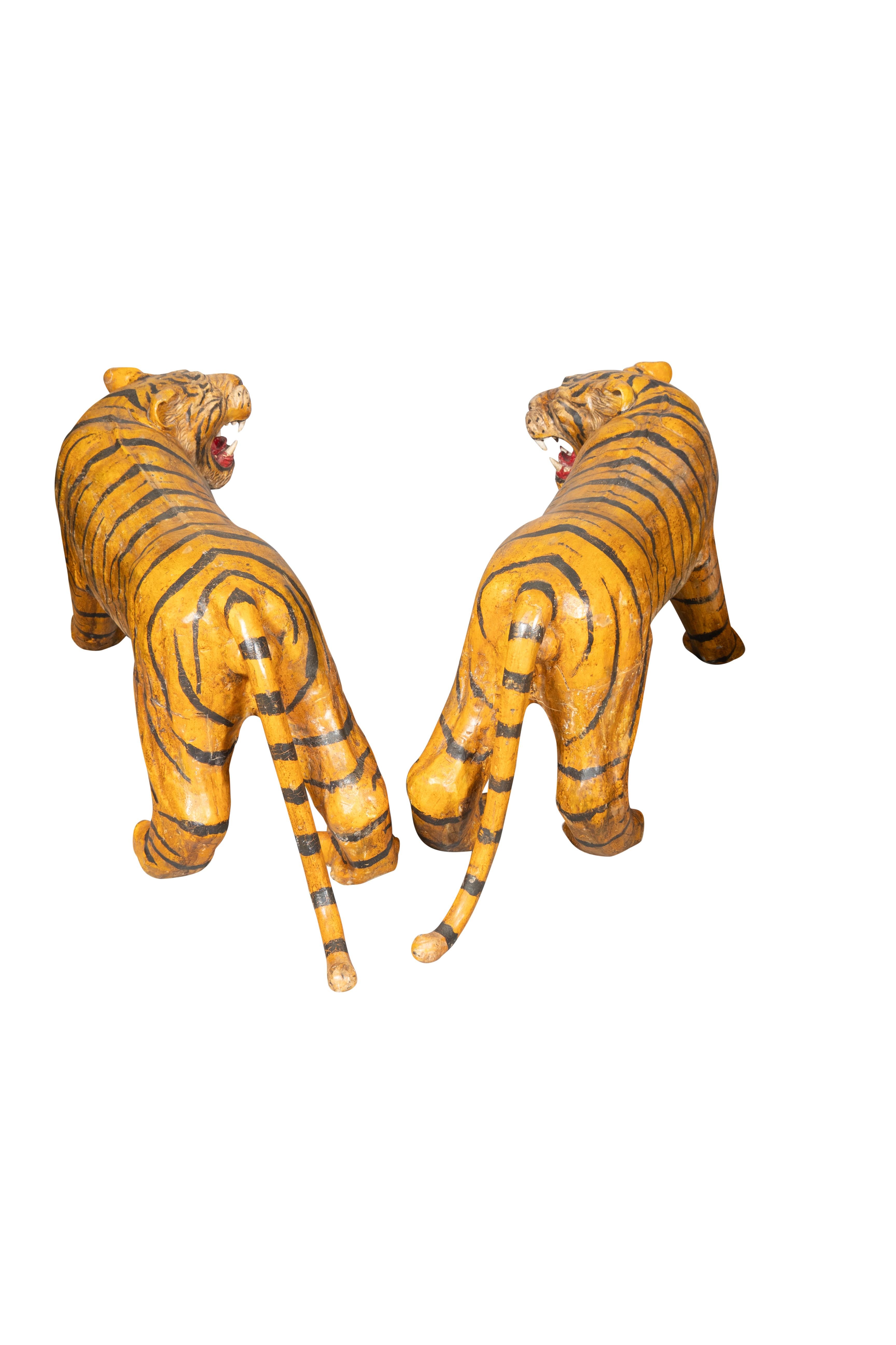 Hand-Painted Pair Of Large Painted Wood Figures Of Tigers, Possibly From A Circus For Sale