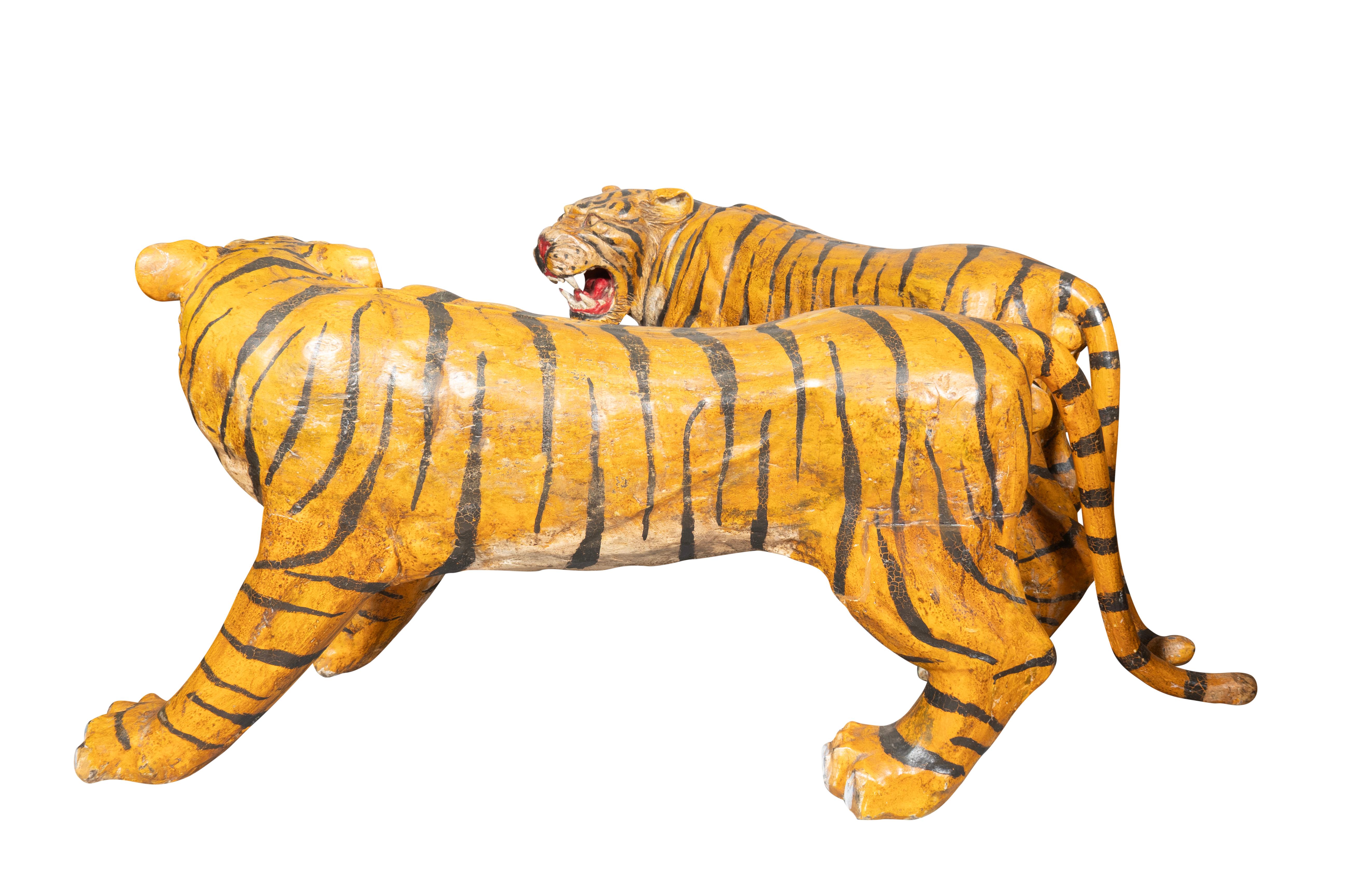 Pair Of Large Painted Wood Figures Of Tigers, Possibly From A Circus In Good Condition For Sale In Essex, MA
