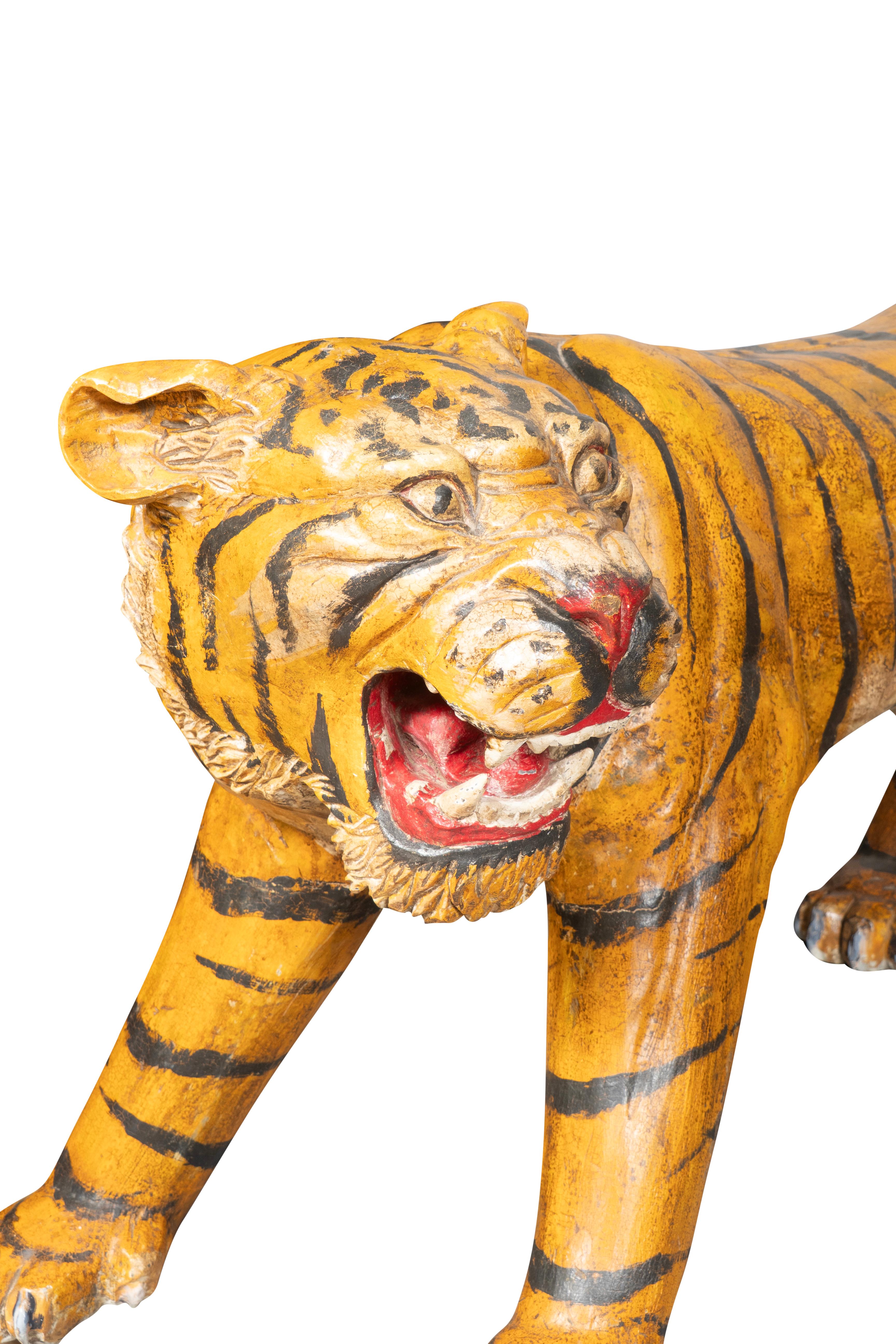 Pair Of Large Painted Wood Figures Of Tigers, Possibly From A Circus For Sale 1