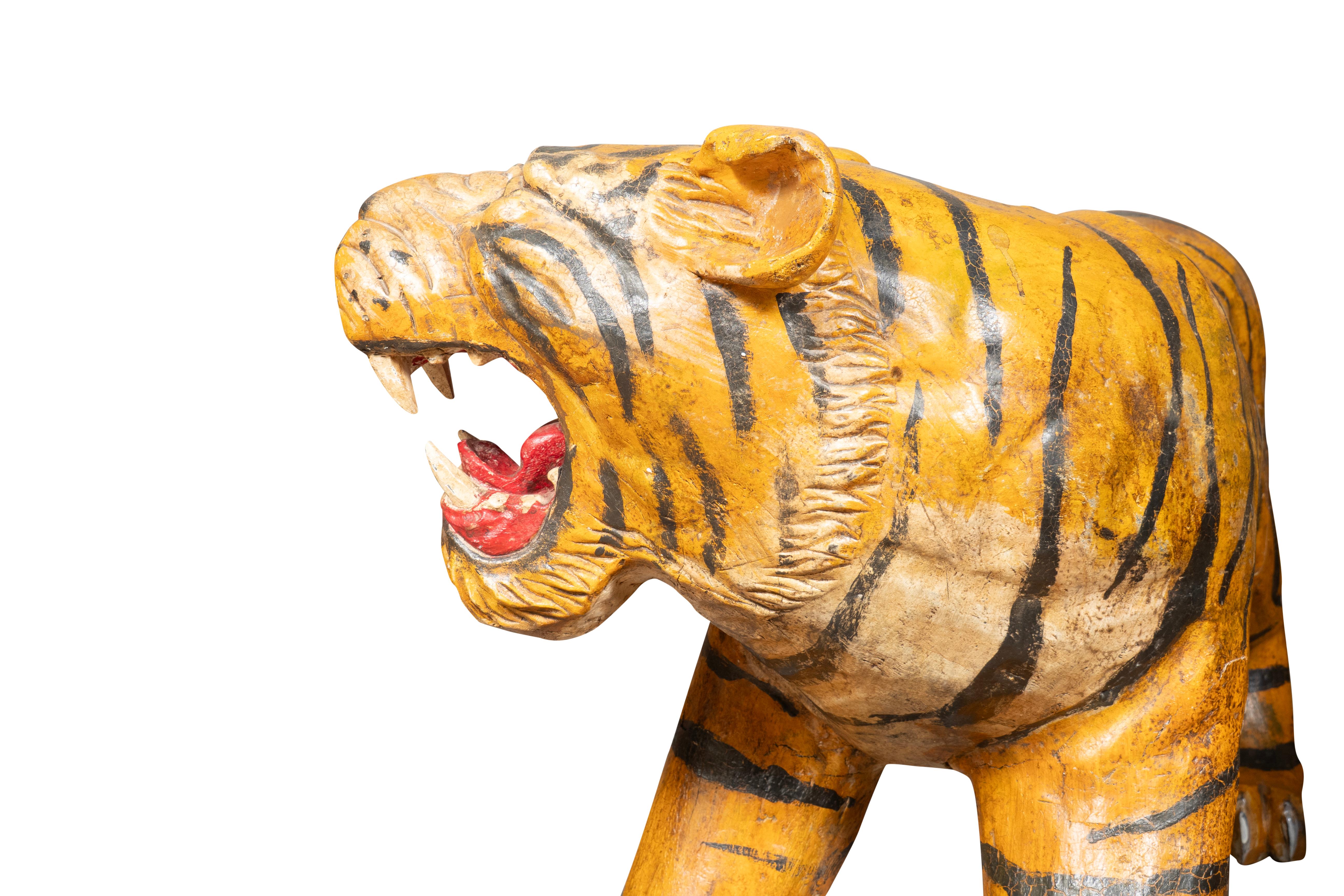 Pair Of Large Painted Wood Figures Of Tigers, Possibly From A Circus For Sale 2