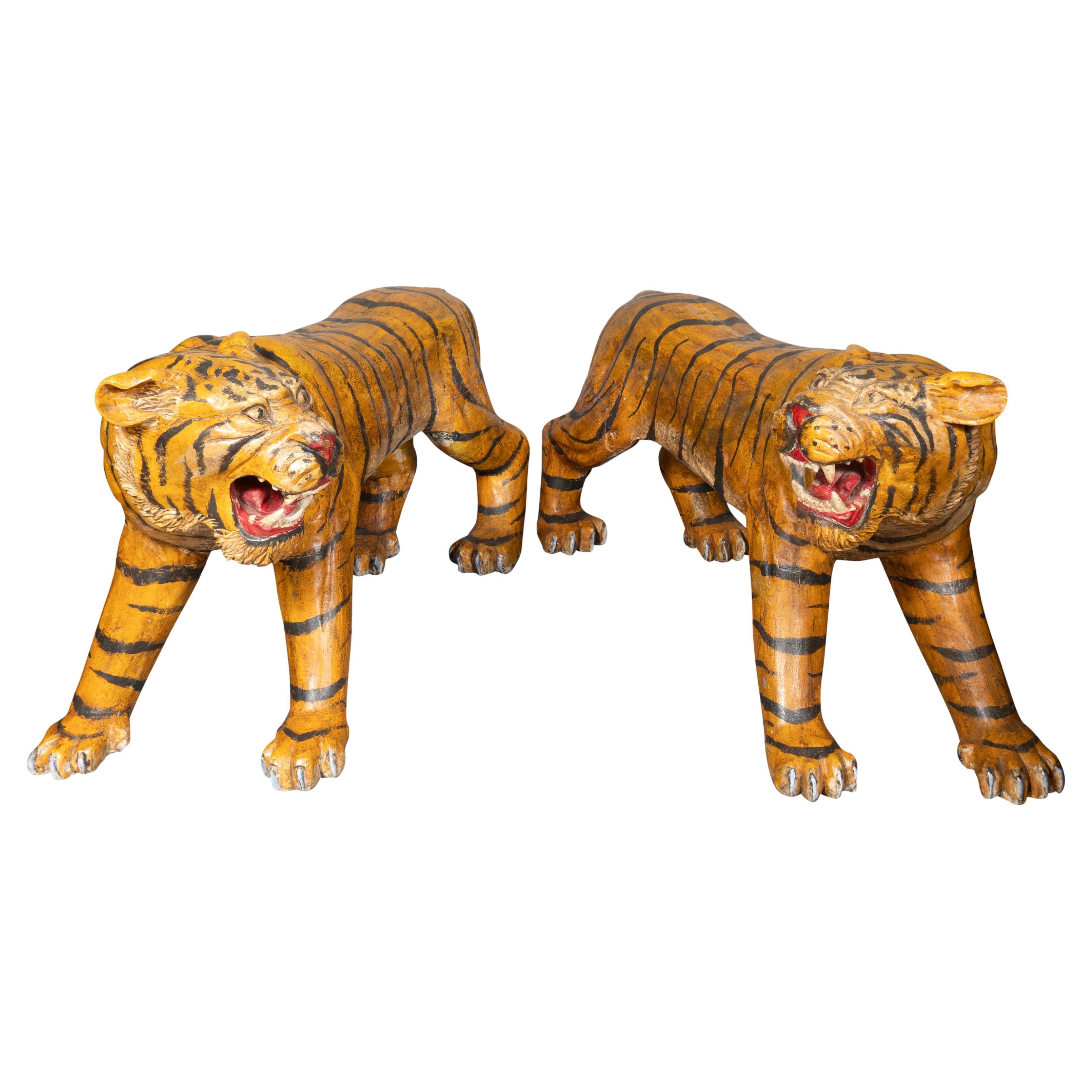 Pair Of Large Painted Wood Figures Of Tigers, Possibly From A Circus For Sale