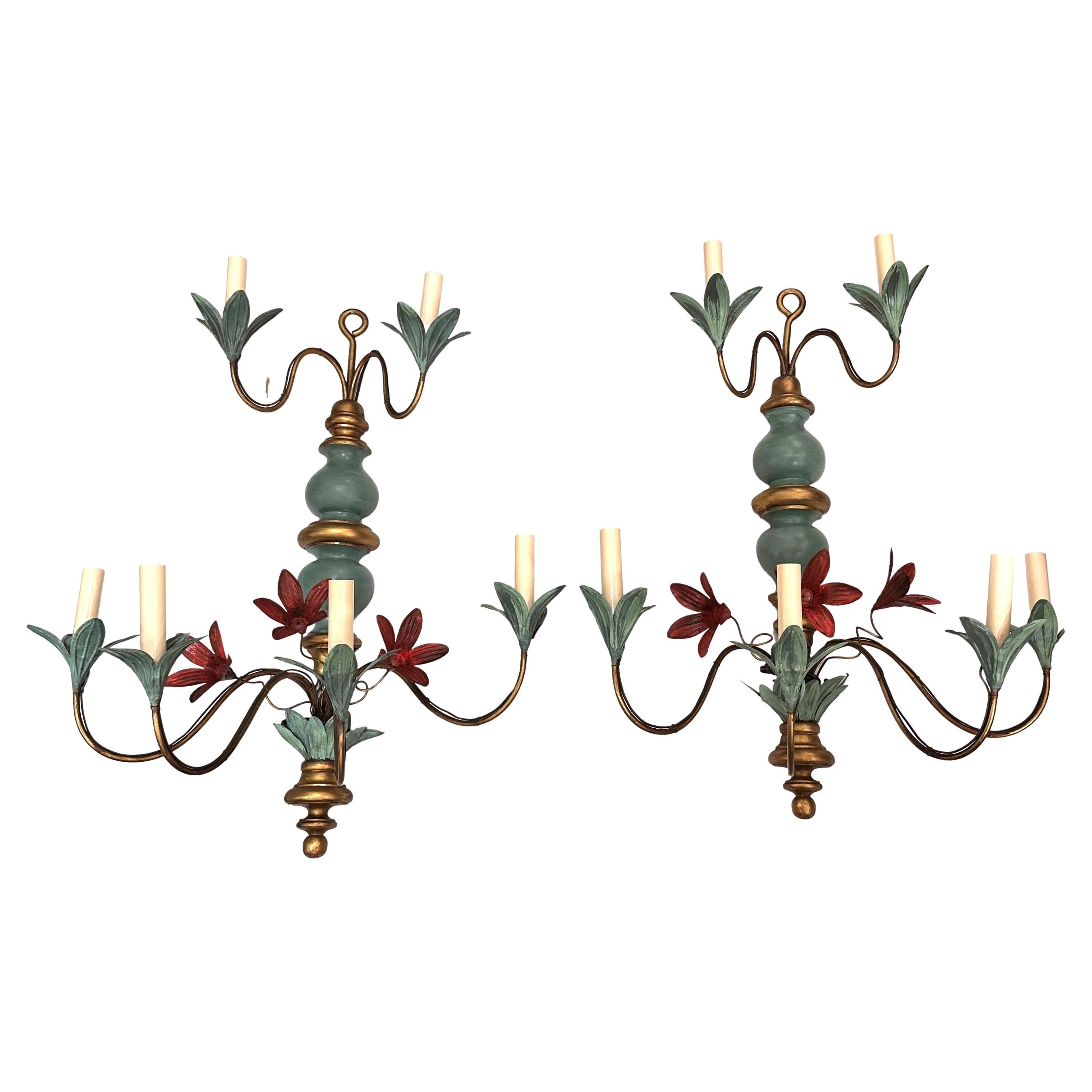 Pair of Large Painted Wood Sconces For Sale