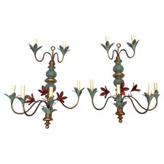 Retro Pair of Large Painted Wood Sconces