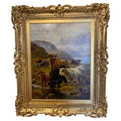 Antique Pair of Large Paintings by Robert Watson "Highland Cattle and Sheep in a Glen"