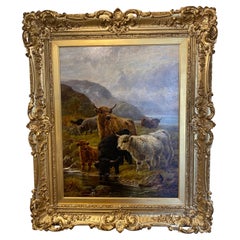 Paire de grandes peintures de Robert Watson « Highland Cattle and Sheep in a Glen »