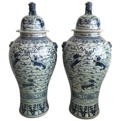 Pair of Large Palace Size Blue & White Ginger Jars