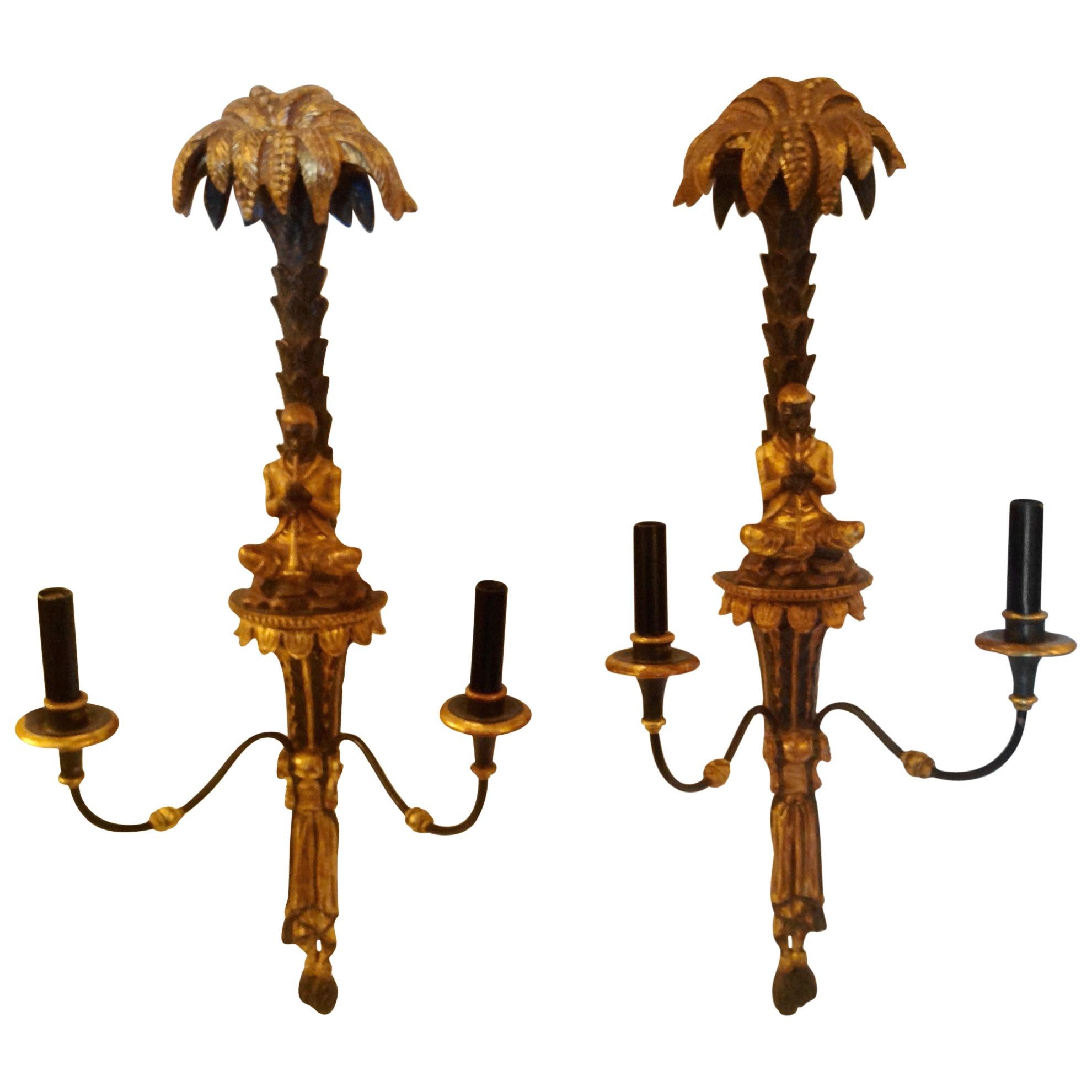 Pair of Large "Palm Tree" Carved Wood Sconces