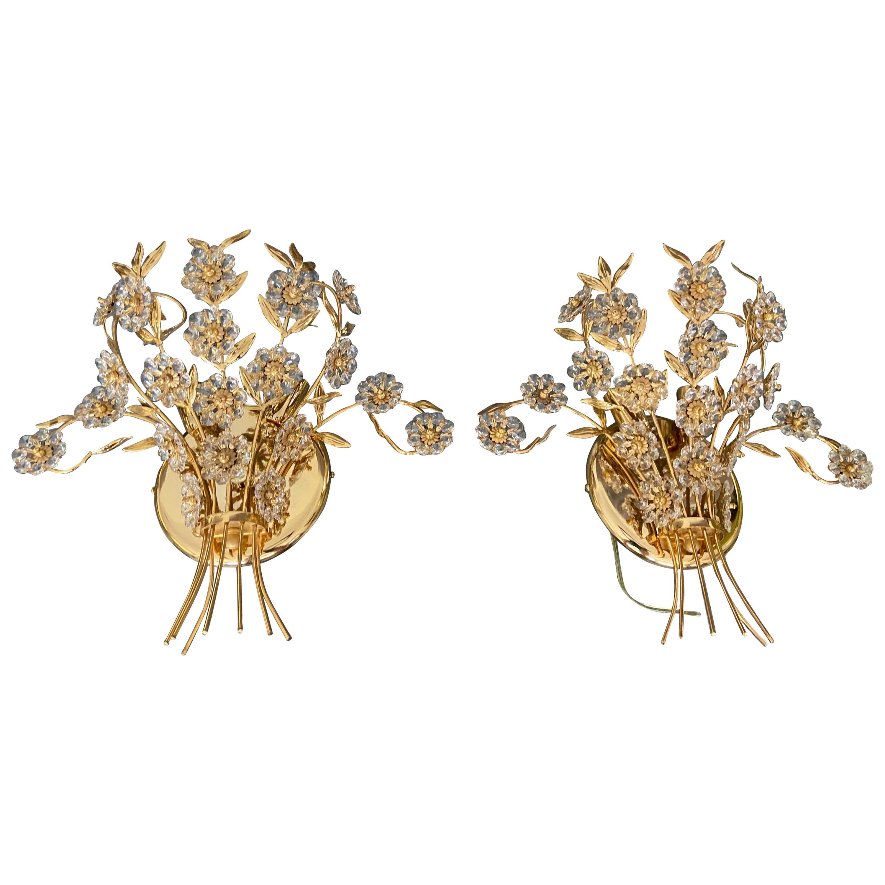 Pair of Large Palwa Crystal and Gold Floral Flower Wall Sconces For Sale