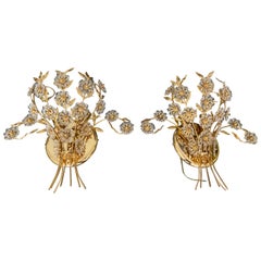 Pair of Large Palwa Crystal and Gold Floral Flower Wall Sconces